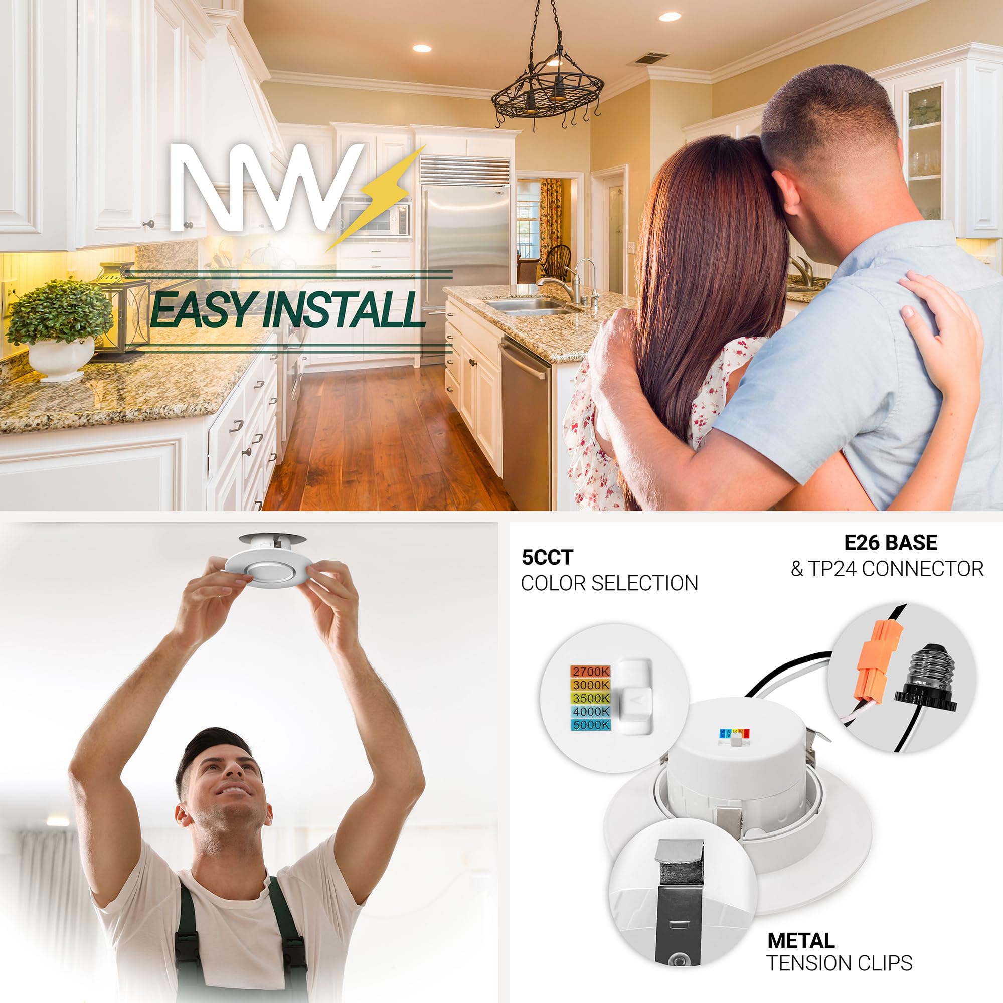 Nuwatt Retrofit 4 Inch Gimbal Led Recessed Light White Trim, High Lumen, 750Lm, 10W, 5Cct Selectable 2700K/3000K/3500K/4000K/5000K, Adjustable Lens Dimmable Eyeball Lights, Etl Listed, 6 Pack