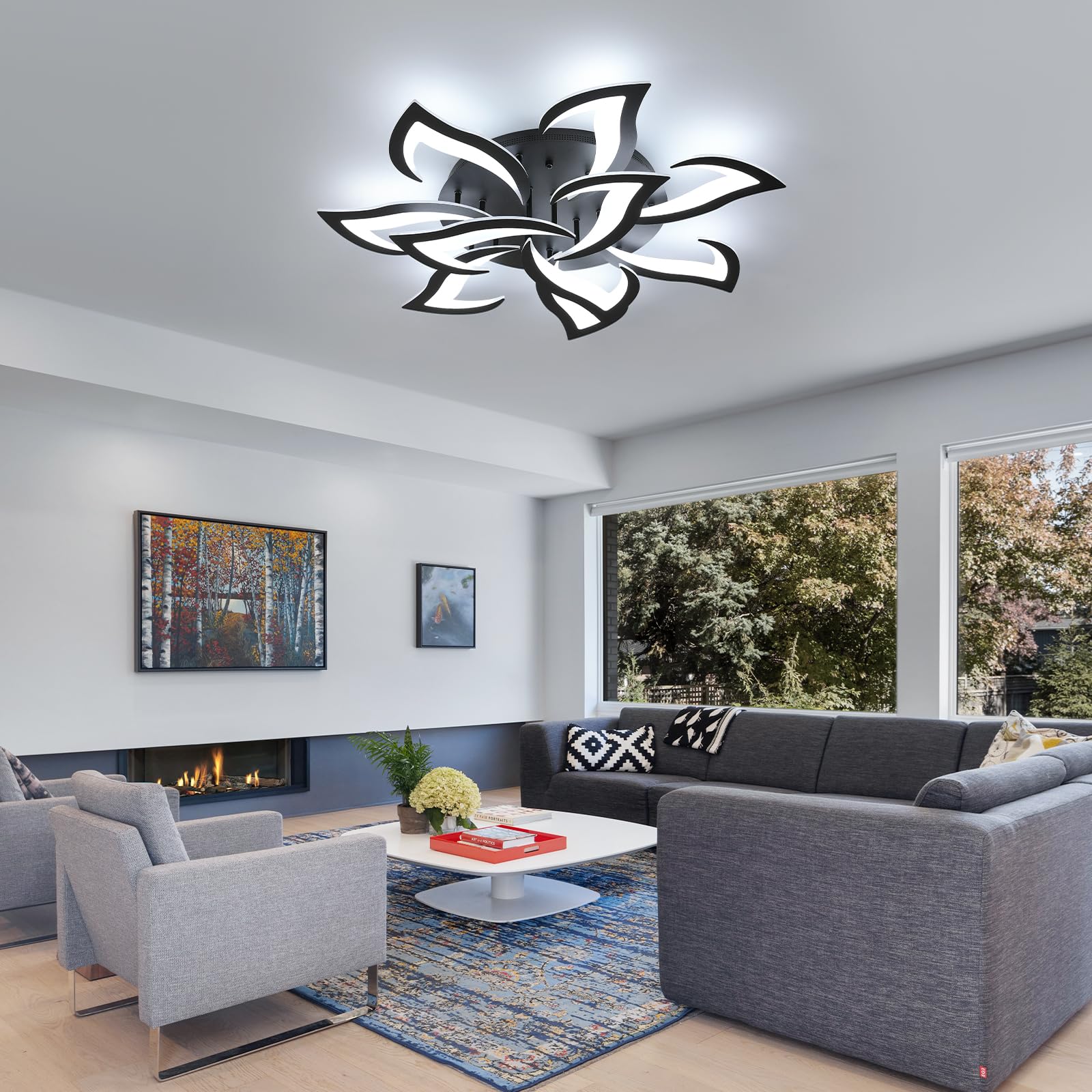 Goeco Dimmable Ceiling Light Fixture, 10 Petals, Remote Control, App, 3000K-6500K, Black, Model 30907705