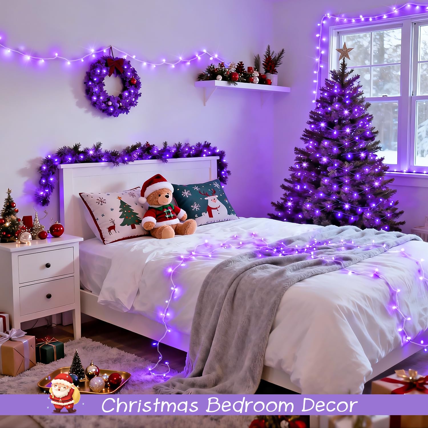 Jmexsuss 2 Pack 100 Led Purple Christmas Lights Indoor  33Ft Clear Wire Purple String Lights Outdoor Waterproof  8 Modes Connectable Christmas Tree Lights For Xmas Tree Yard Bedroom Porch Decorations