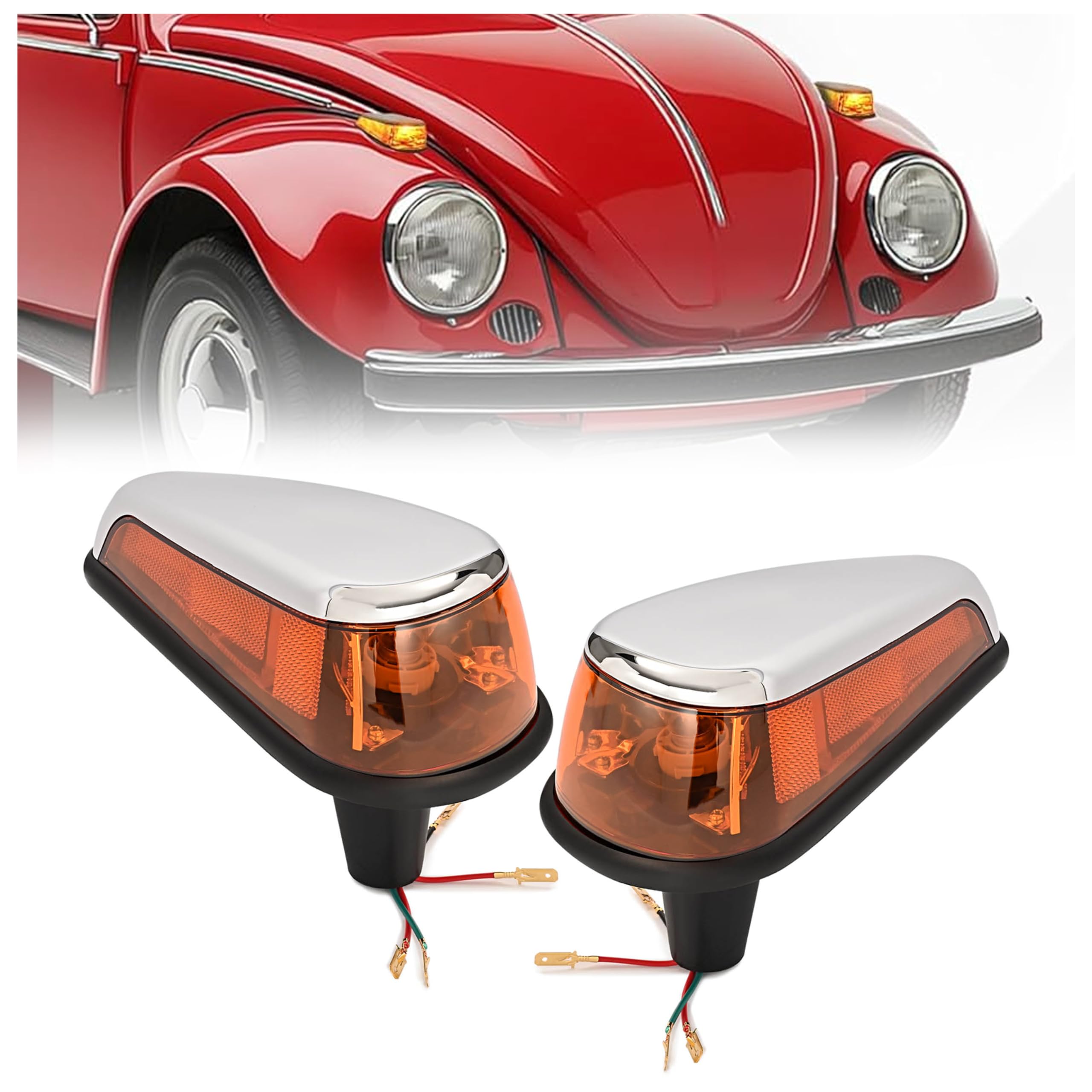 HECASA Turn Signal Light Assembly for VW Bug 1970-1979, Amber Lens, Plastic, Model MO-4974, Pair, Right & Left Side