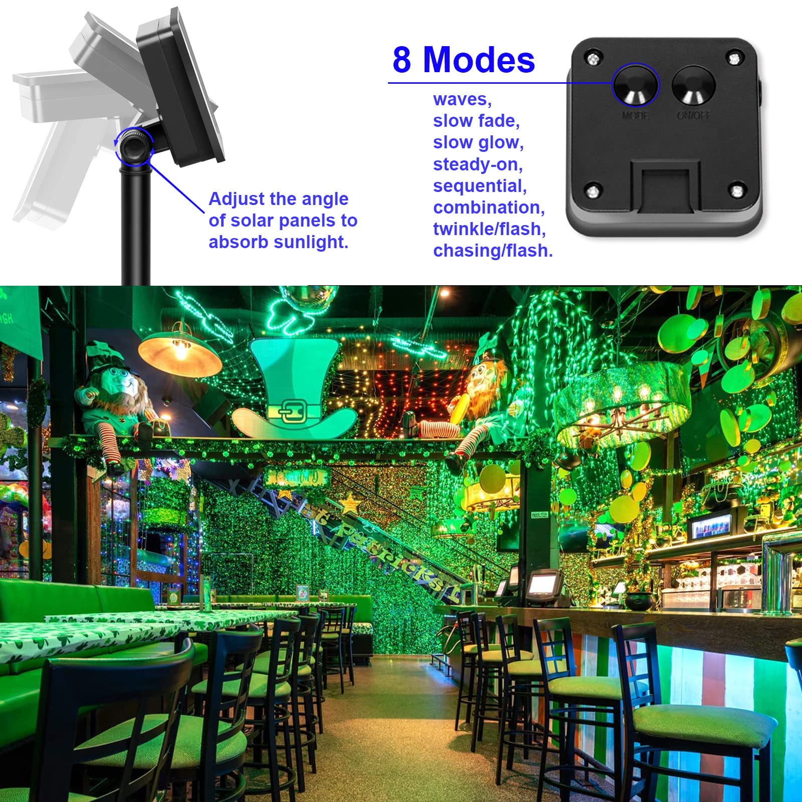 Yaozhou St Patricks Day Decorations Green Solar String Lights Outdoor Waterproof, 2 Pack Each 100Led 8 Modes Copper Fairy Lights For Garden, Patio, Fence, Balcony