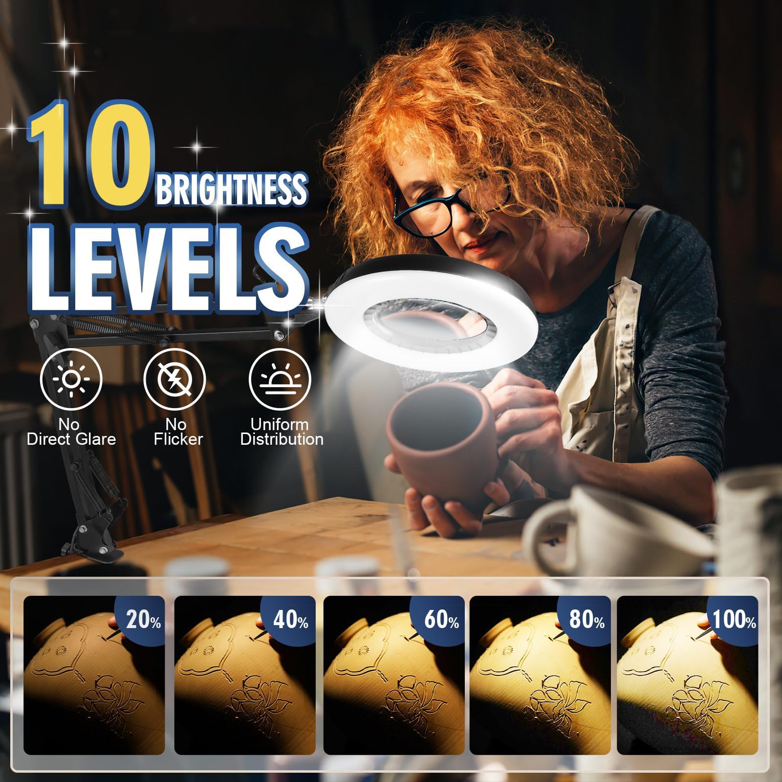 Toolastra 12X Magnifying Glass With Light And Stand, 144 Leds Brightest Magnifying Lamp, 10 Dimmable Brightness 5 Color Modes, H