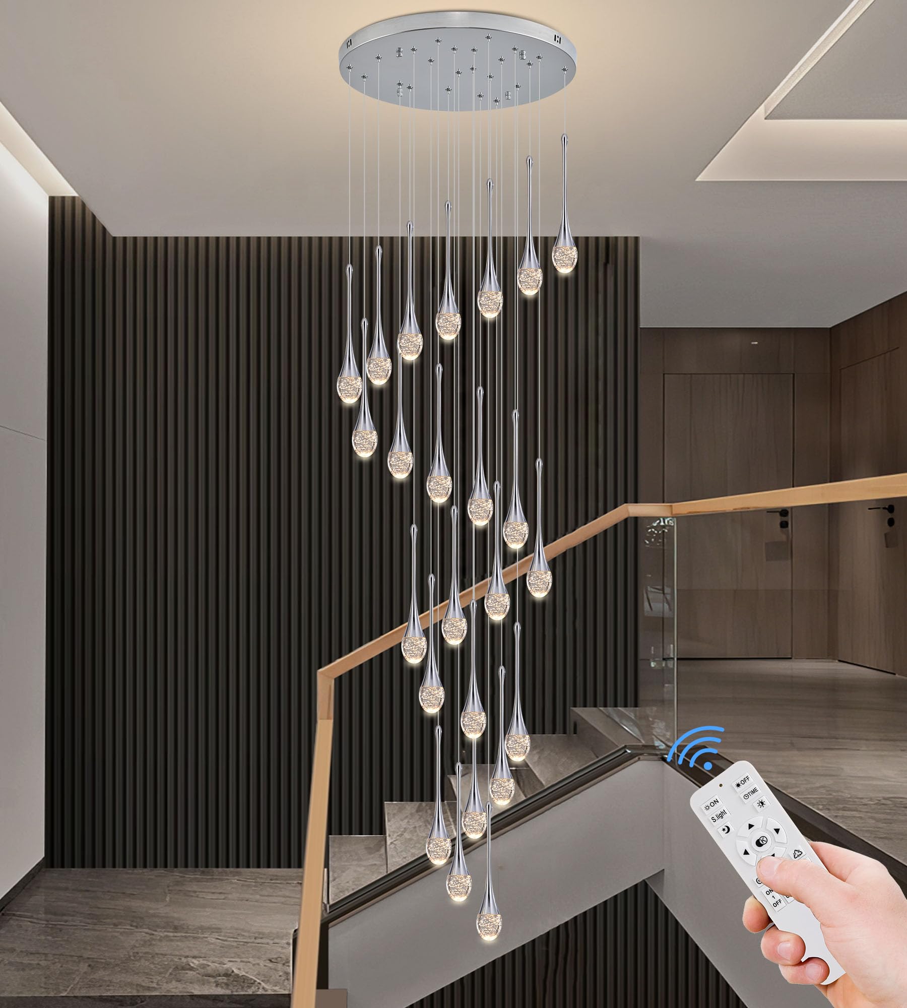 Upfelw Modern Crystal Chandelier 24 Lights, Polished Chrome, Dimmable LED, Model UCC-S24-0436, High Ceiling Foyer Light Fixture