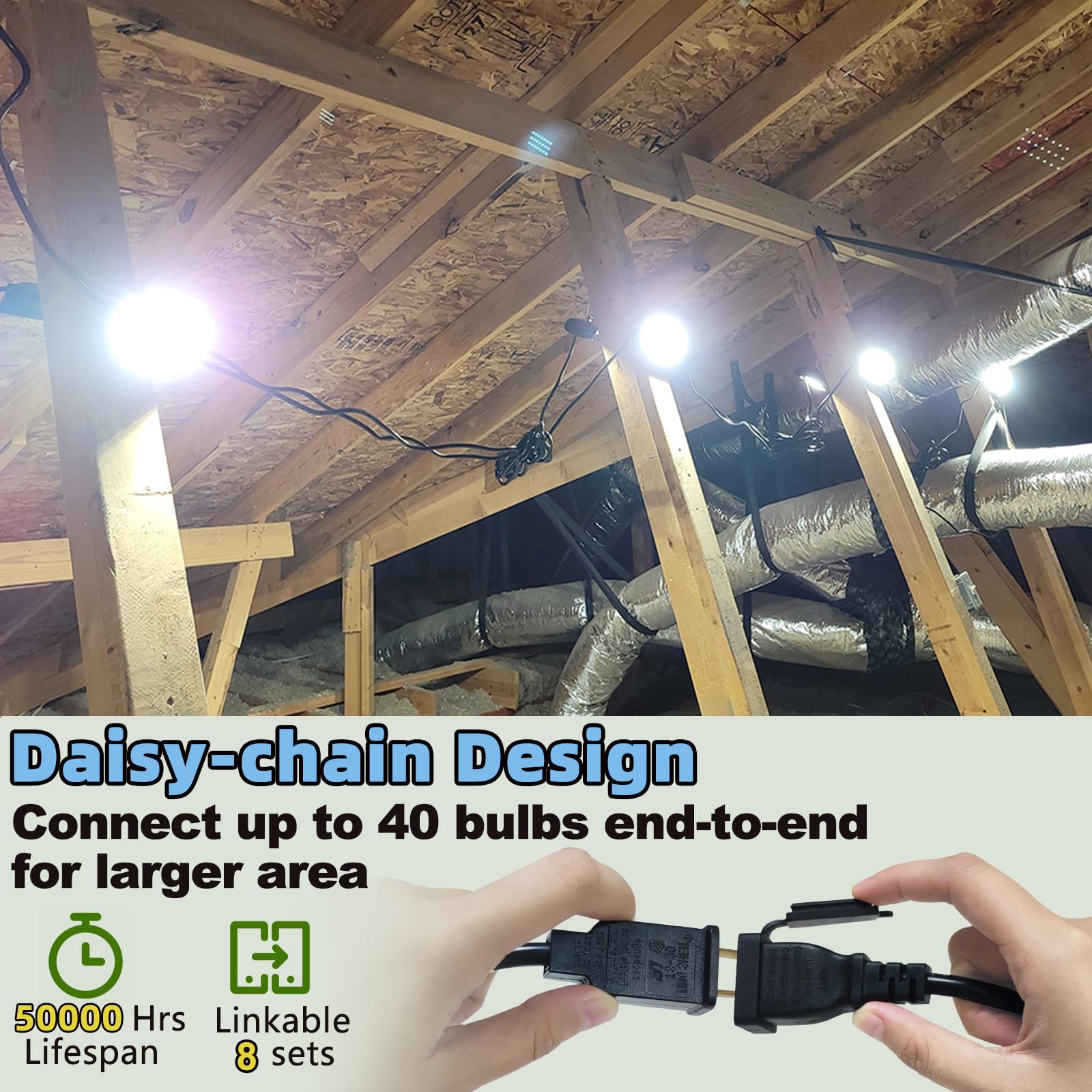 Owleye 50Ft Led String Work Light 85W 8000Lm Waterproof Construction String Lights Linkable Temporary Work Lighting Outdoor Indoor Worklight (5 Light Heads)-2 Pack