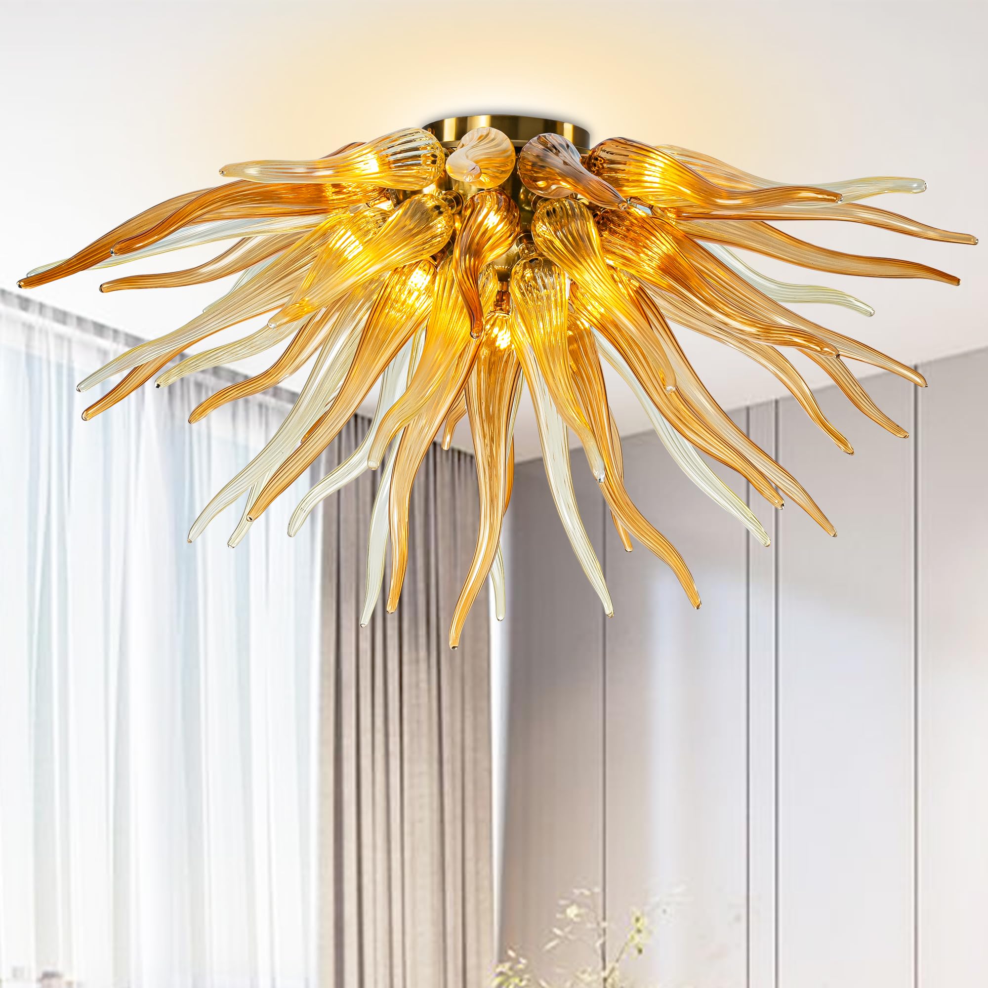 Zonstore Hand Blown Glass Chandelier  Modern Semi Flush Mount Ceiling Light Fixture 12-Light Pendant Lights Fixture for Dining Room  Entrance  Bedroom  Entryway  Foyer  Living Room