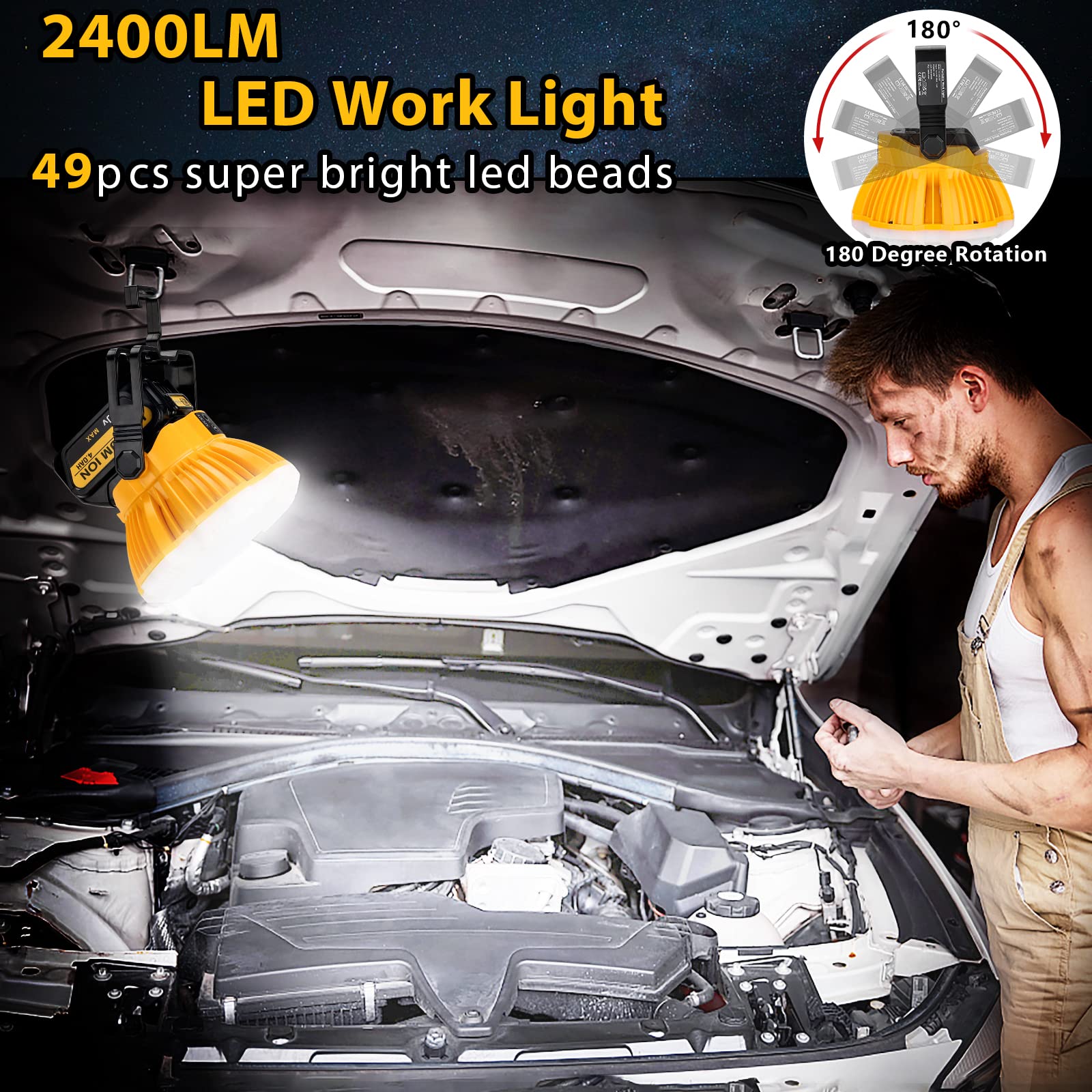 Adisipsoarin 2400LM LED Camping Lantern – 24W Work Light for Dewalt 20V Battery, Ideal for Camping, Emergency, Hiking, Fishing