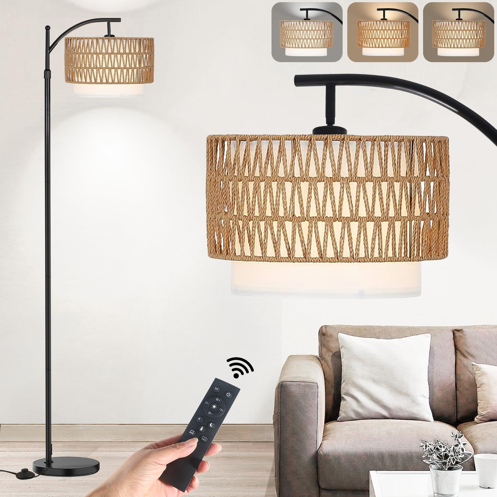 Yusist Arc Floor Lamp for Living Room,Farmhouse Floor Lamps with Remote Control & Dimmable Bulb,Rattan Boho Tall Standing Lamp f