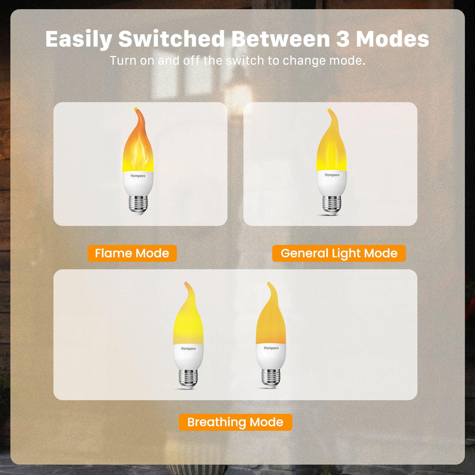 Hompavo LED Flame Light Bulbs E26 Base, 3 Modes Flickering Candle Bulbs, 6 Pack, Indoor & Outdoor Use, Style1, Candle Angular6