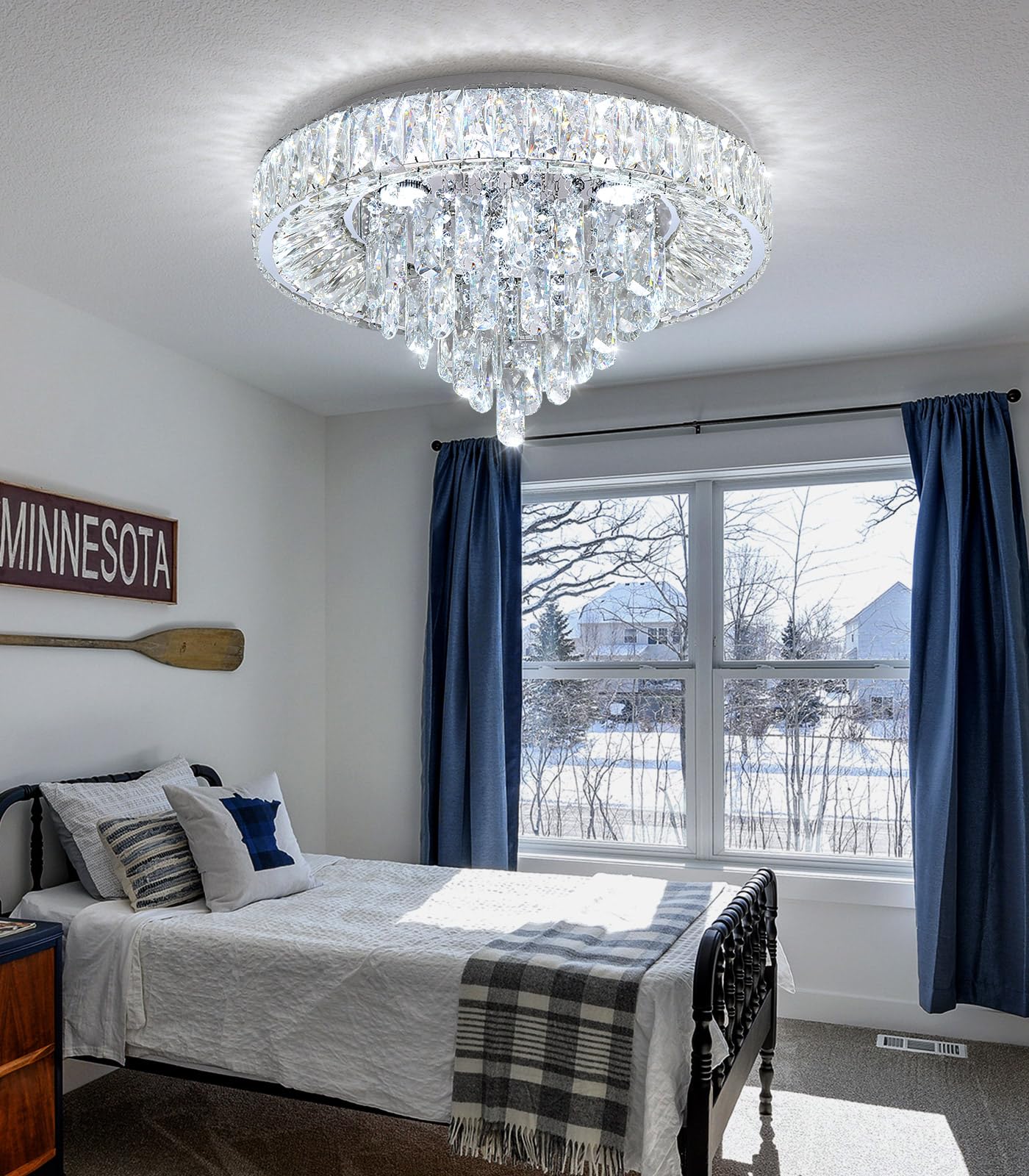 dolria Modern Crystal Chandeliers for Dining Room LED Light Fixture Close to Ceiling Chandelier Flush Mount Ceiling Light Dimmab