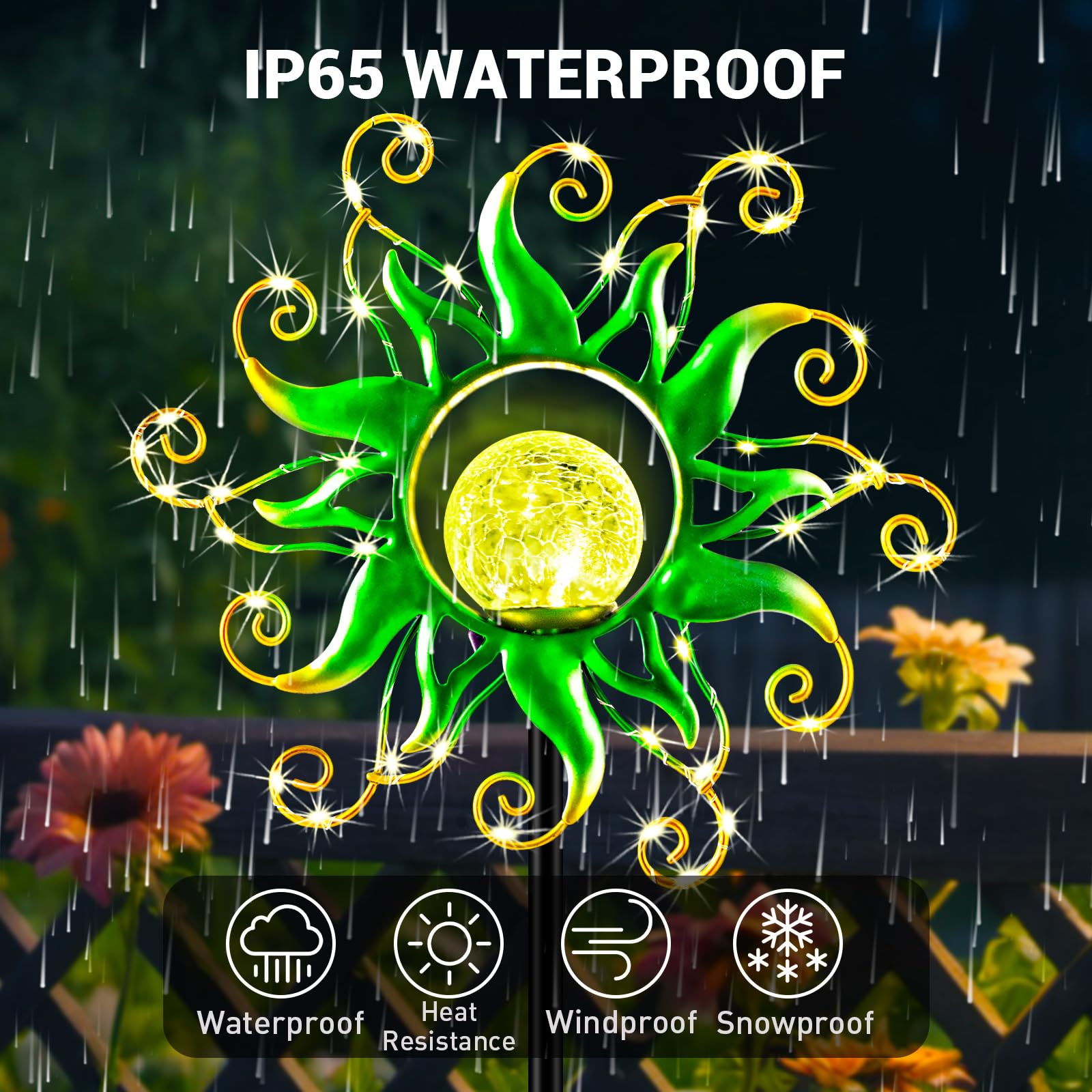 Solar Garden Lights Outdoor, Green Metal Sun Stake With 30 Led Waterproof Vine String Crackle Glass Spring Decor For Patio,Yardr