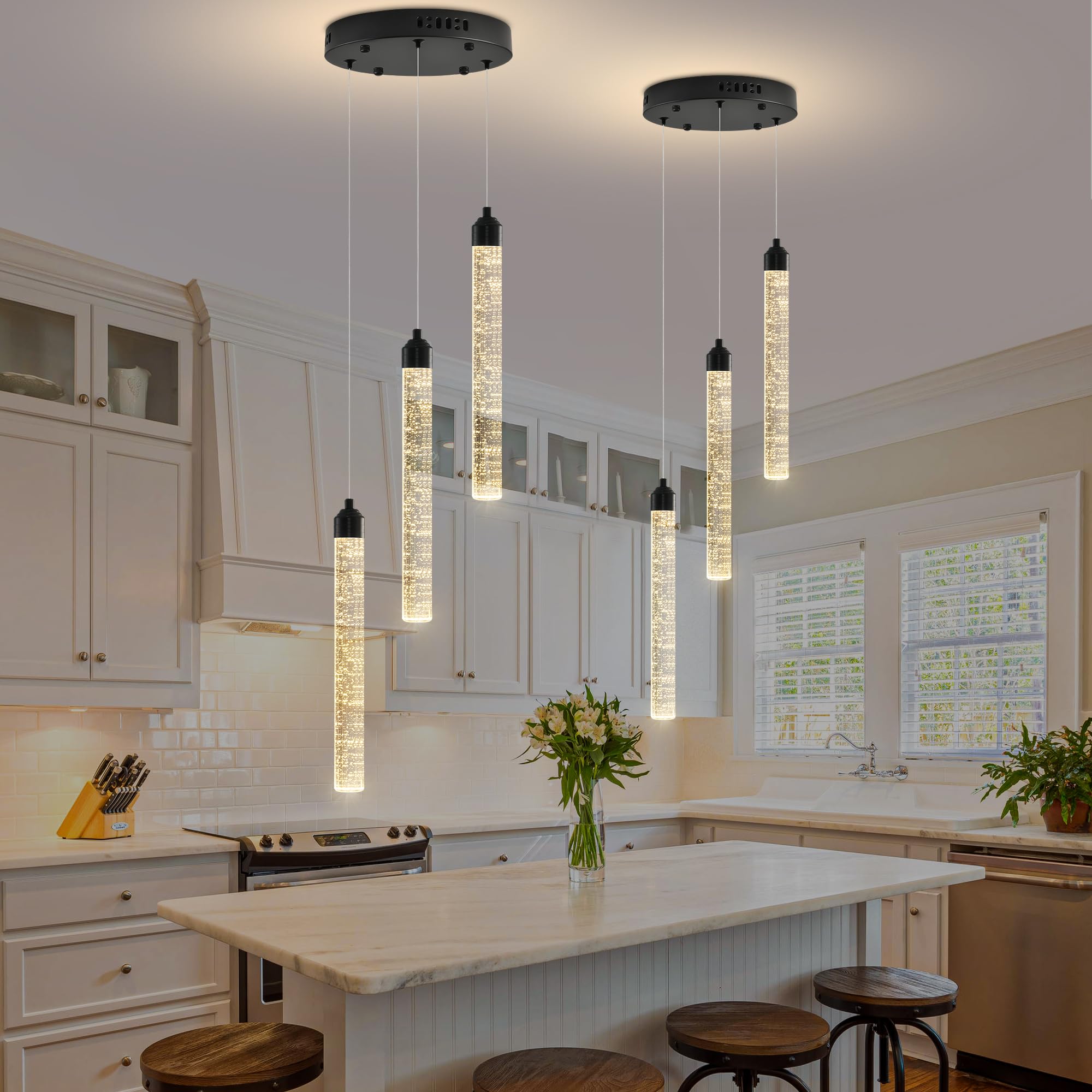 Ywuechwu 3-Light Modern Dimmable Led Crystal Chandelier - Black Mini Pendant Lighting With Spiral Raindrop/Bubble Cluster Pendant For Kitchen Island  Dining Room  Living Room  Foyer