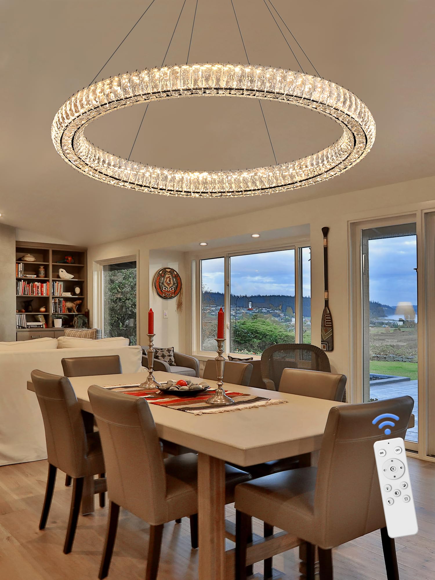 Idequy Modern Crystal Chandelier Dimmable Led 31.5'' Ring Pendant Light Adjustable Black Round Crystal Chandelier Light Fixtures