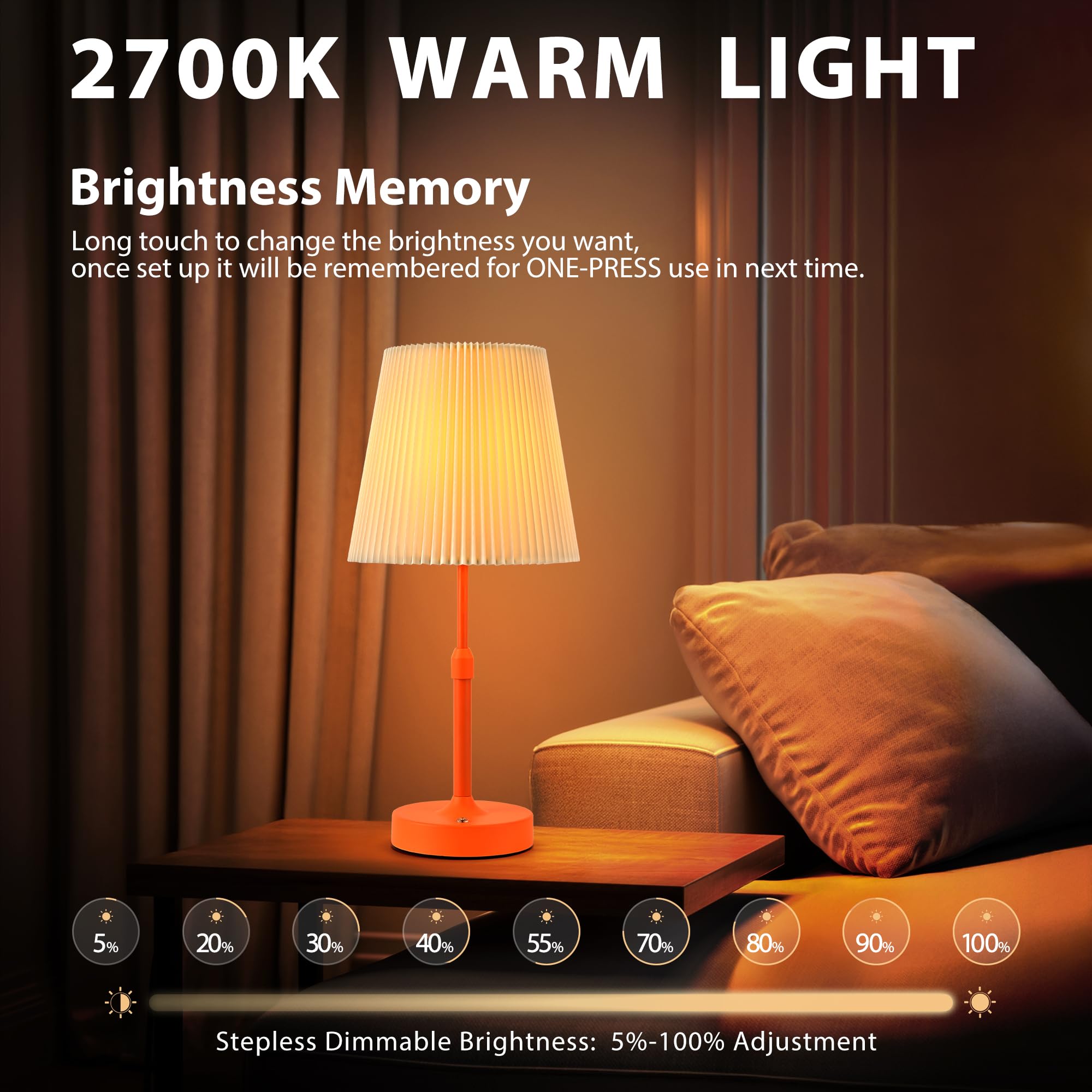 HISEEGO Cordless Table Lamp, 2700K Dimmable, 16.5in Pleated Lampshade, Metal, Rechargeable, Orange, Model LP-N8-OR