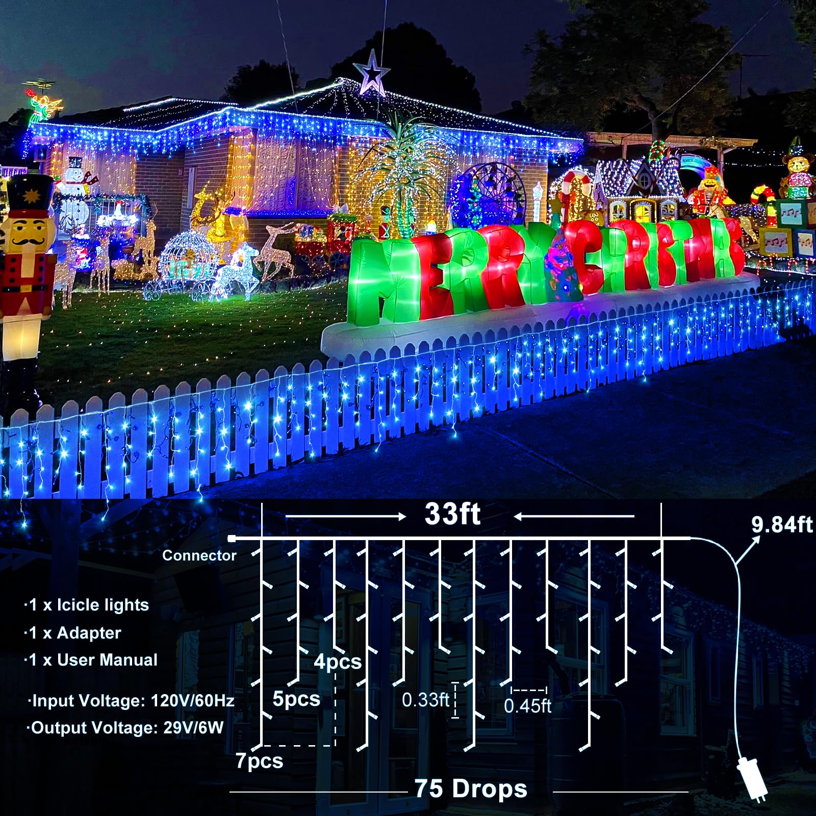 Vivideal Icicle Christmas Lights, 33ft 400 LED, Blue, Waterproof, 8 Modes, Indoor/Outdoor, Model BG-CL3M3-306L01