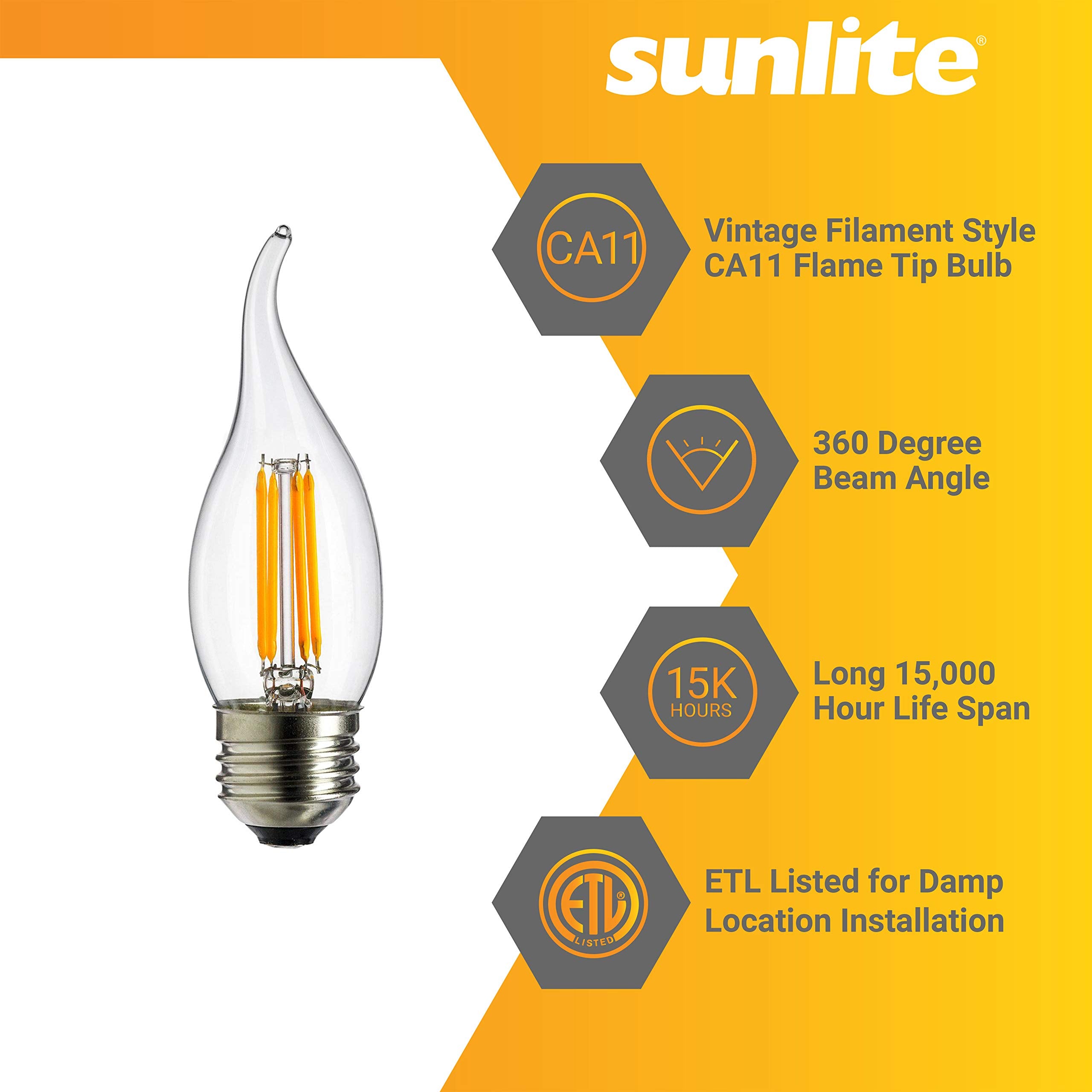 Sunlite LED Filament CA11 Flame Tip Chandelier Bulb, Dimmable, 4W (40W Equivalent), Medium E26 Base, 6 Pack, 1800K Candle-Light