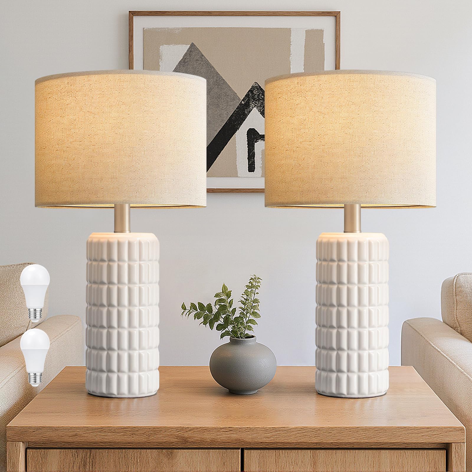 Seealle 23 Modern Ceramic Table Lamps Set of 2 - Table Lamps for Living Room  Farmhouse Bedside Night Stands Lamp for Bedroom  White Boho Nightstand Lamps Set of 2(Bulb Included)