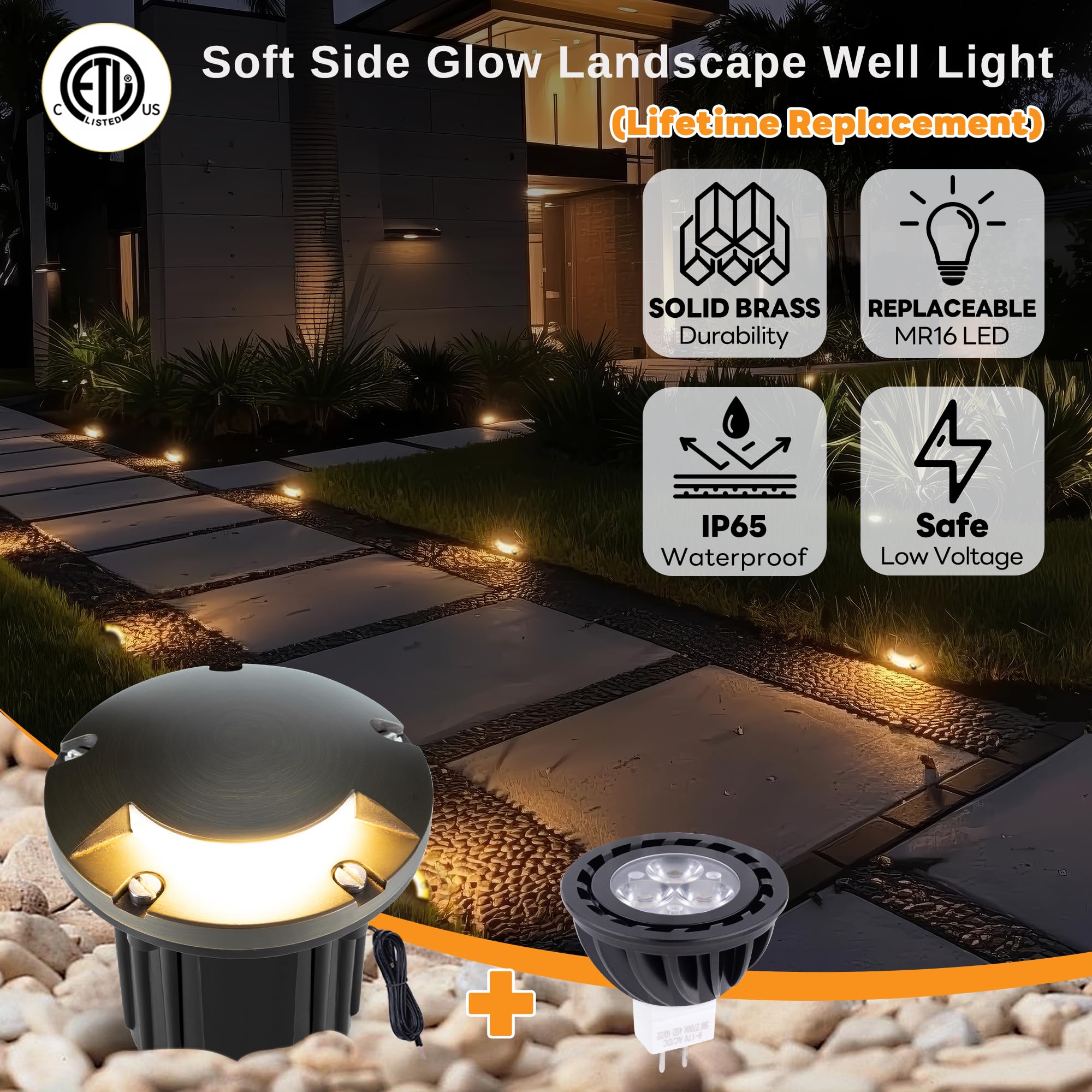 Gardenreet Solid Brass Well Light - Low Voltage 12V In-Ground All Weather Led Landscape Lighting, Replaceable Bulb Fixture, Anti