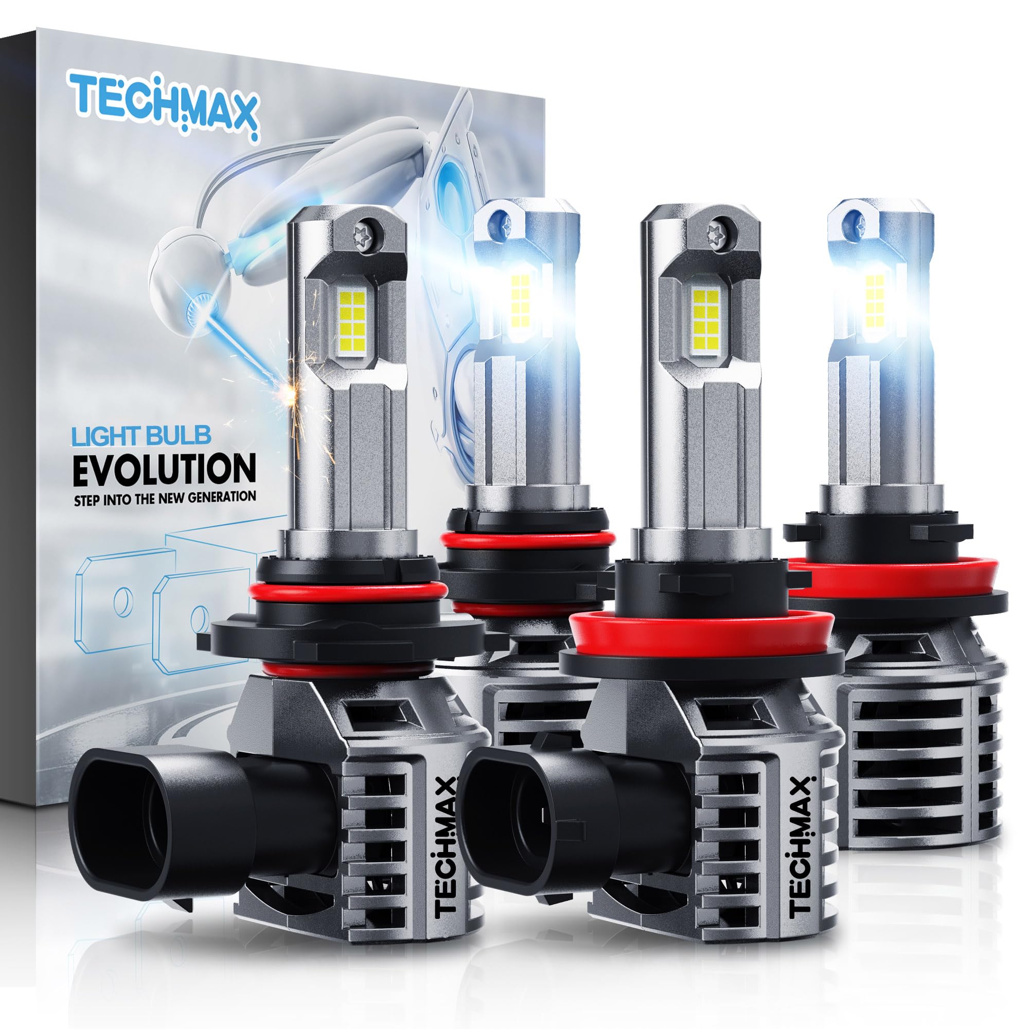 TECHMAX 9005+H11 Light Bulbs Combo, HB3+H8/H9, 600% Bright, 6500K, Aluminum, Pack of 4, Gray