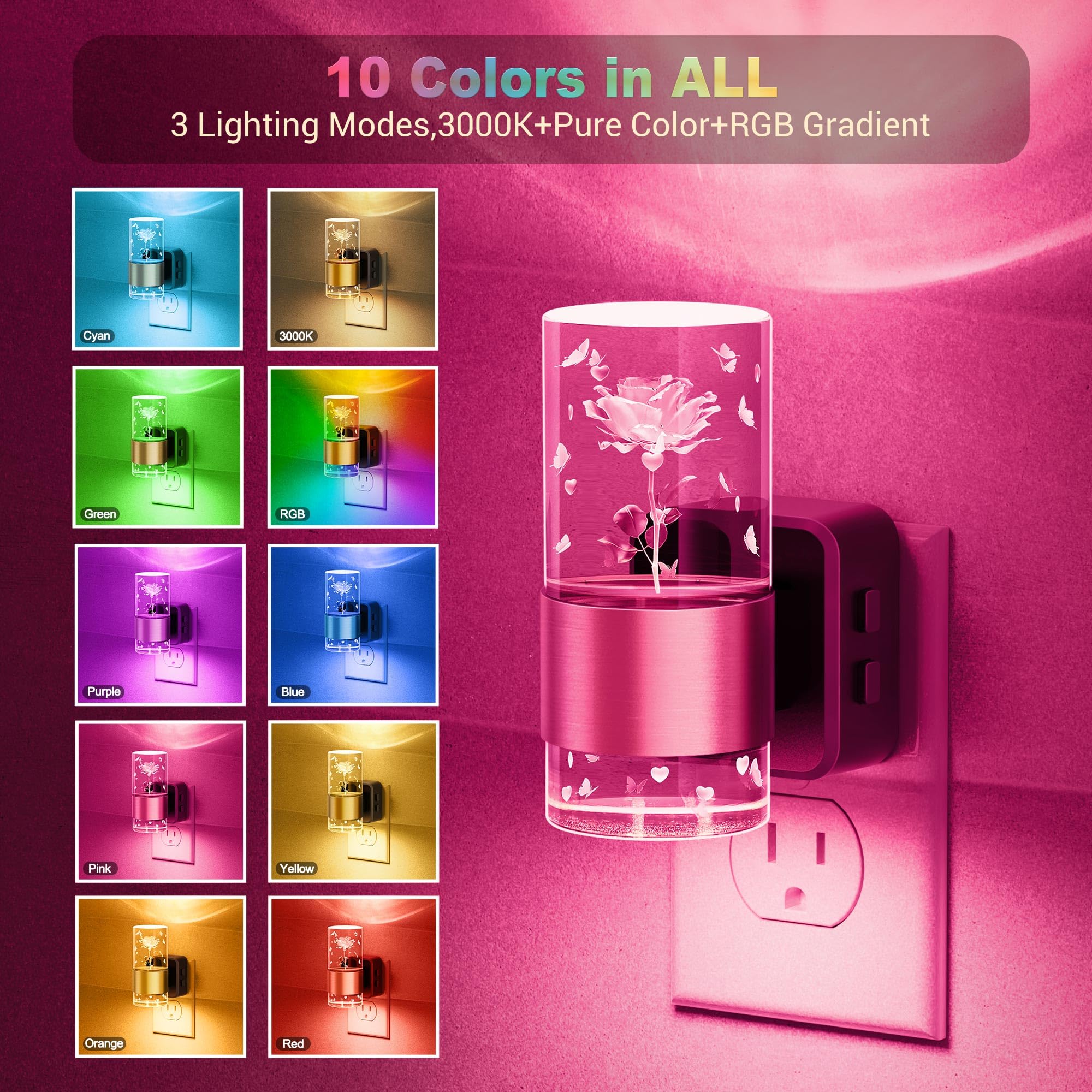 Jandcase Night Lights Plug Into Wall,Rose Carved Night Light For Girls, 3000K+Rgb 10-Color Led Nightlight With Dusk To Dawn Sens