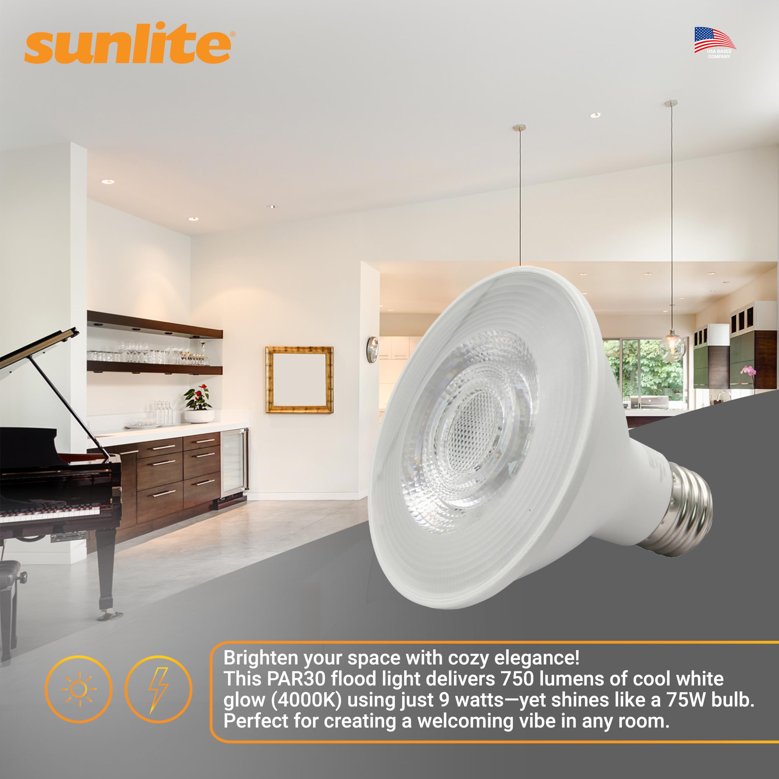 Sunlite Reflector Par30 Led Bulb  Spotlight  9W (75W=)  750 Lmns  Medium E26 Base  90 Cri  Dimmable  Decorative Track Lighting Use  Etl  Title-20 Compliant  Bulk  24 Pack  40K-Cool White