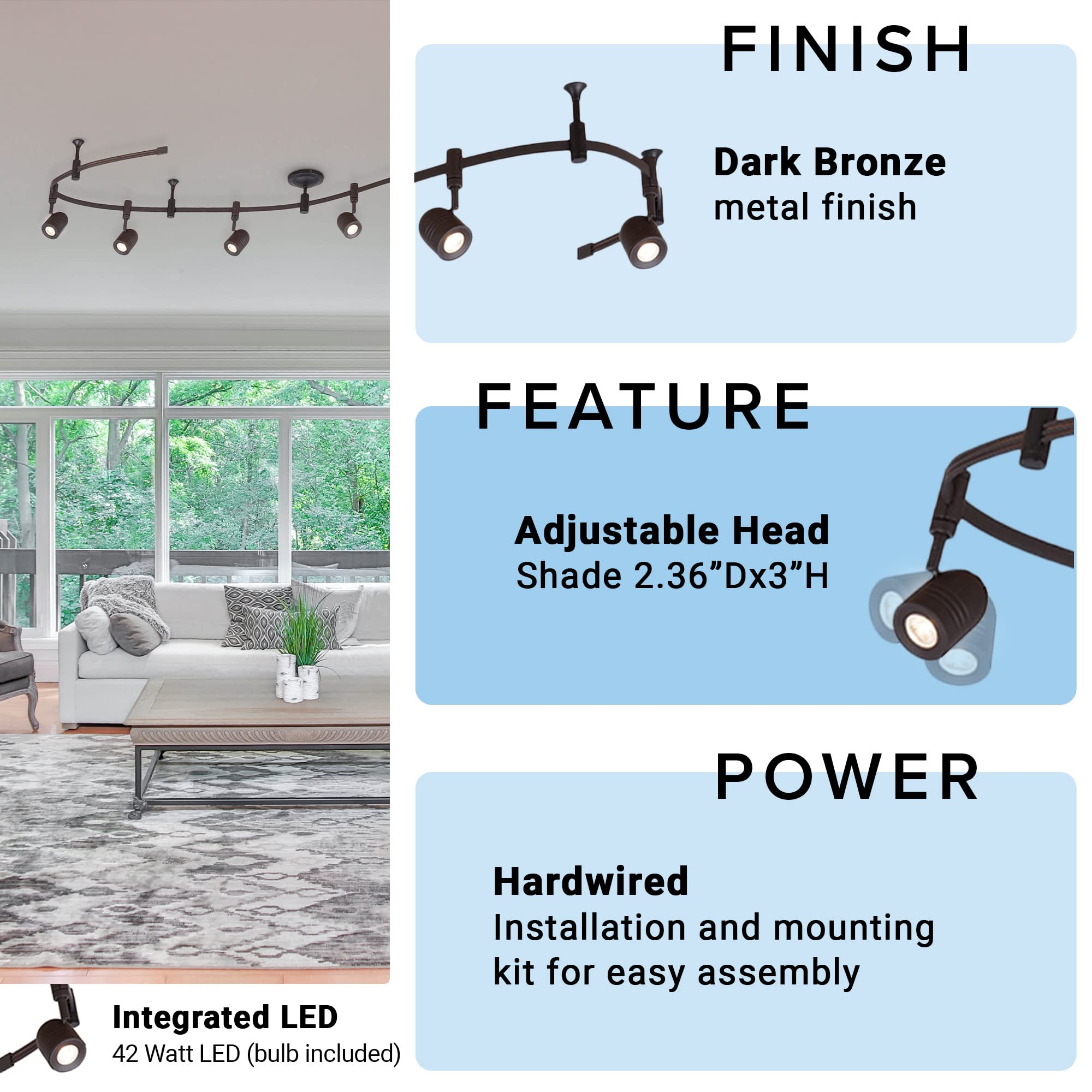 Catalina Lighting 96" 6-Light Integrated Led Flex Track Spotlight Ceiling Light, Oil Rubbed Bronze, For Kitchen, Living Room, Home Lighting