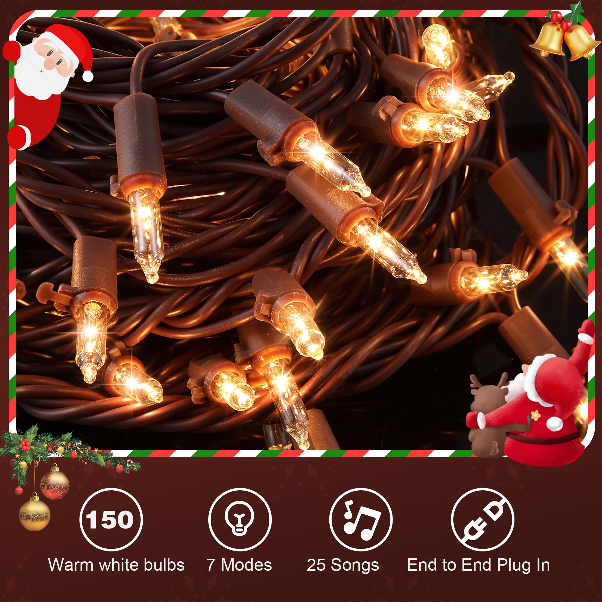 Enhon Christmas String Lights, 150 Bulbs, 36 Ft, Warm White, 7 Function Modes, Brown Wire, Indoor/Outdoor Decorations, Model E362454