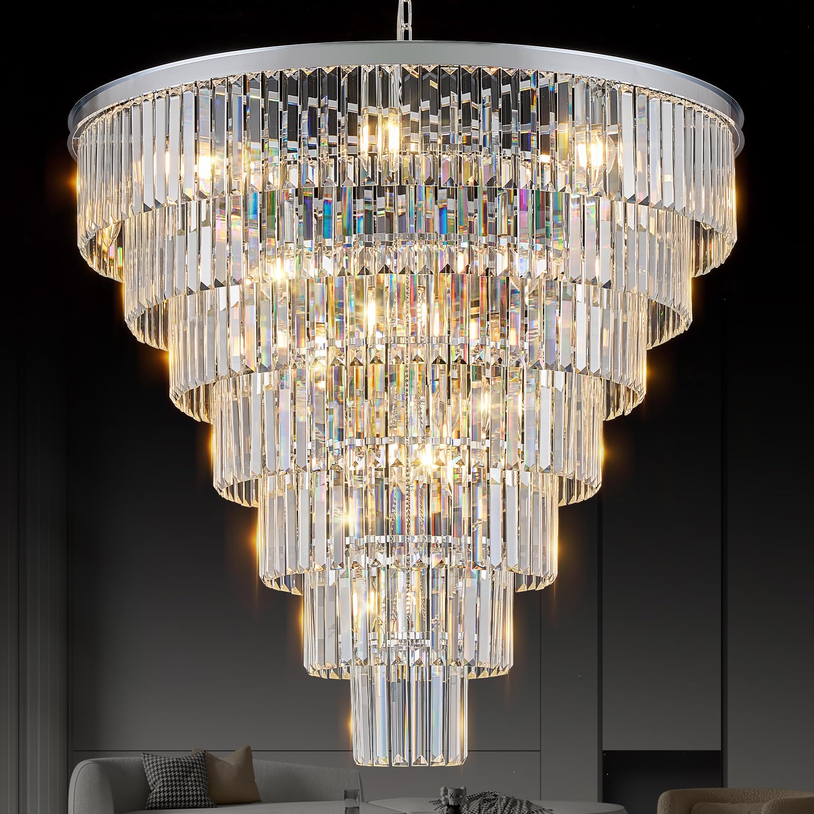 MERINEA Chrome Crystal Chandelier Large 36 Modern Round Staircase Chandeliers 22 Lights 7-Tier Elegant K9 Crystal Ceiling Pendant Light Fixture for Tall Ceiling Living Room Foyer