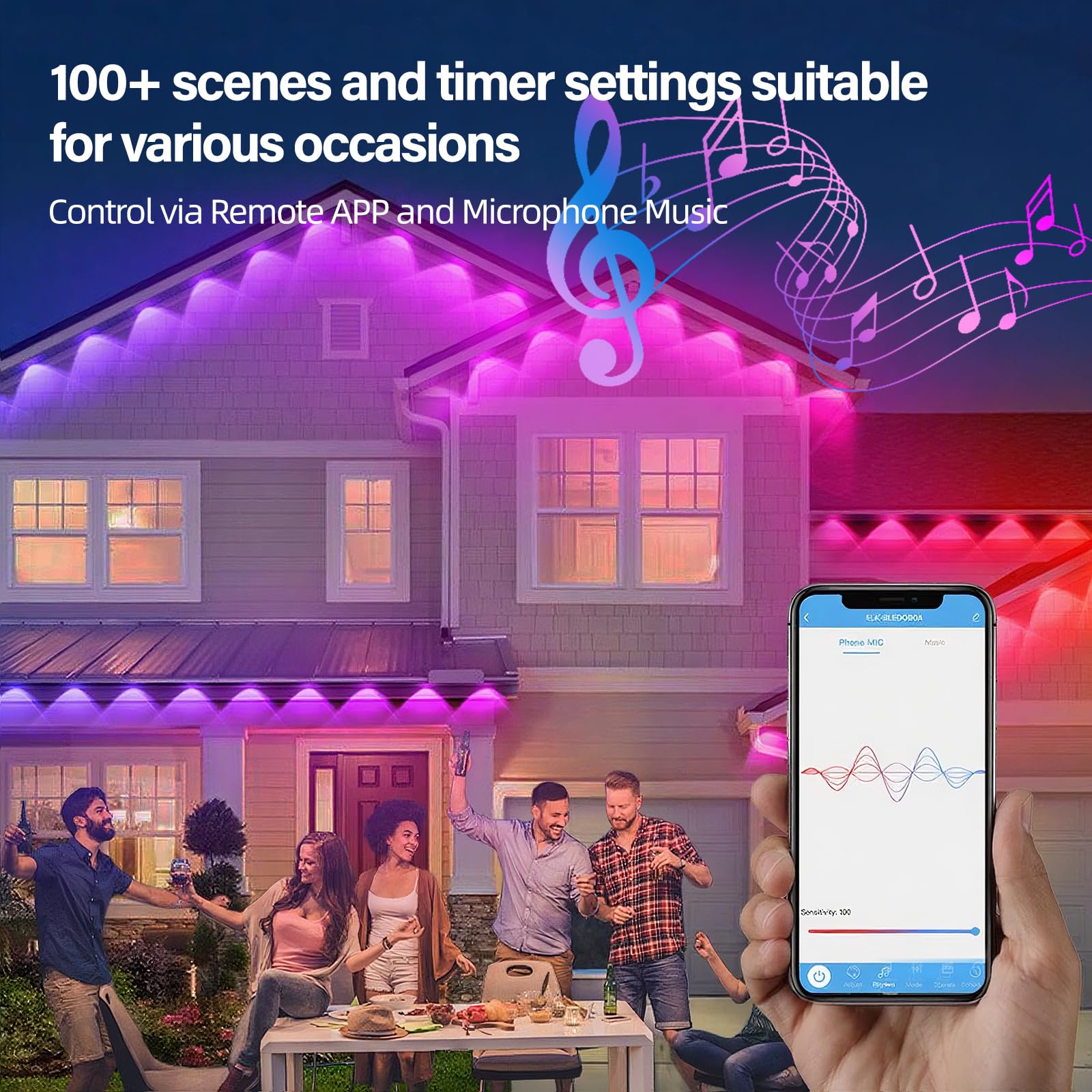 AHAWILL Outdoor RGB String Lights, IP67 Waterproof, 100ft, Smart Control, White, Model HCP045 for Halloween & Christmas Decor