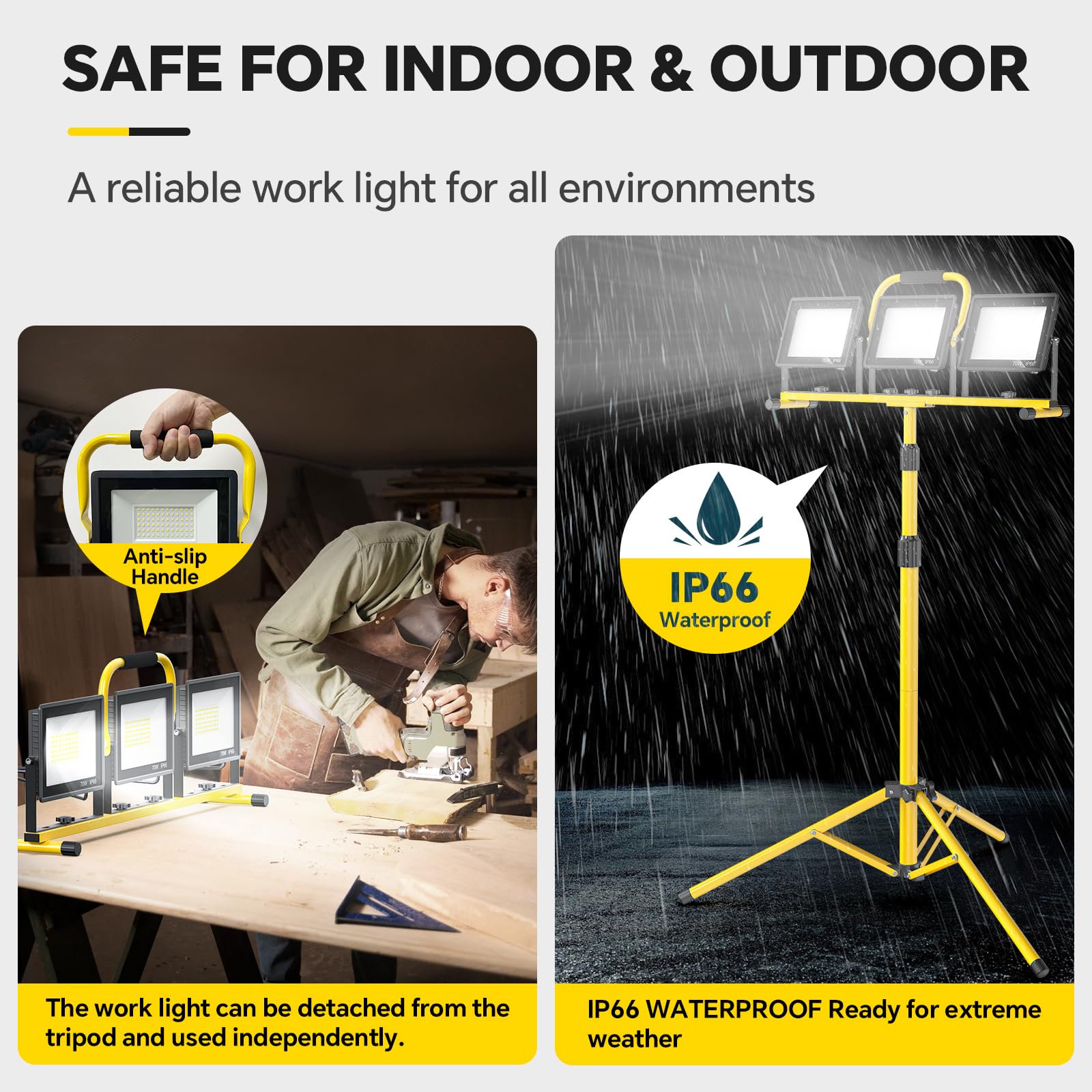 21000Lm Led Work Lights With Stand: 3 Head Portable Work Light With 16.5Ft Cord - Ip66 Waterproof Height-Adjustable Tripod Workl