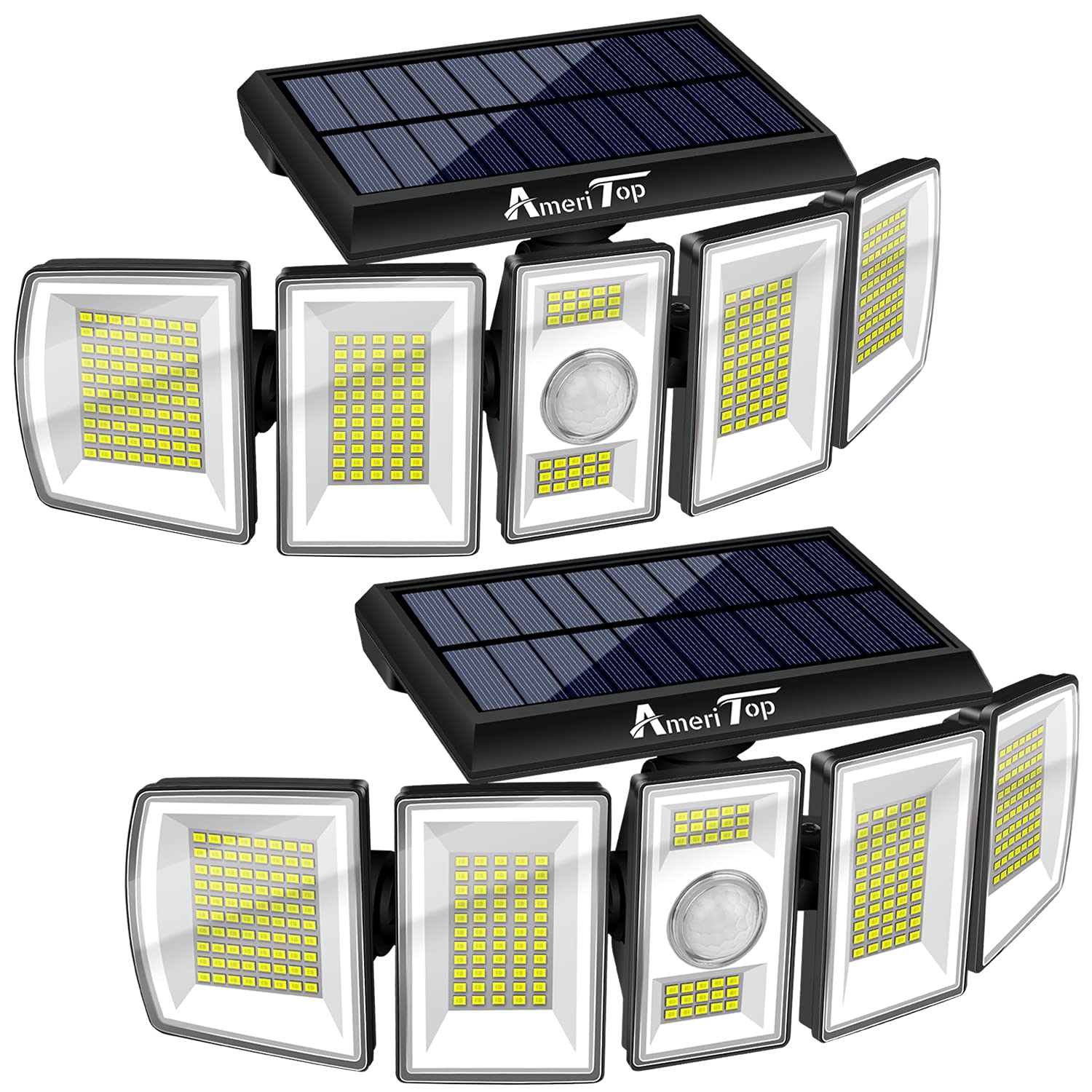 AmeriTop Solar Lights Outdoor 300 LED Motion Sensor, 5 Adjustable Heads, IP65 Waterproof, 7000K, Model SL-10-2P A, 2 Pack