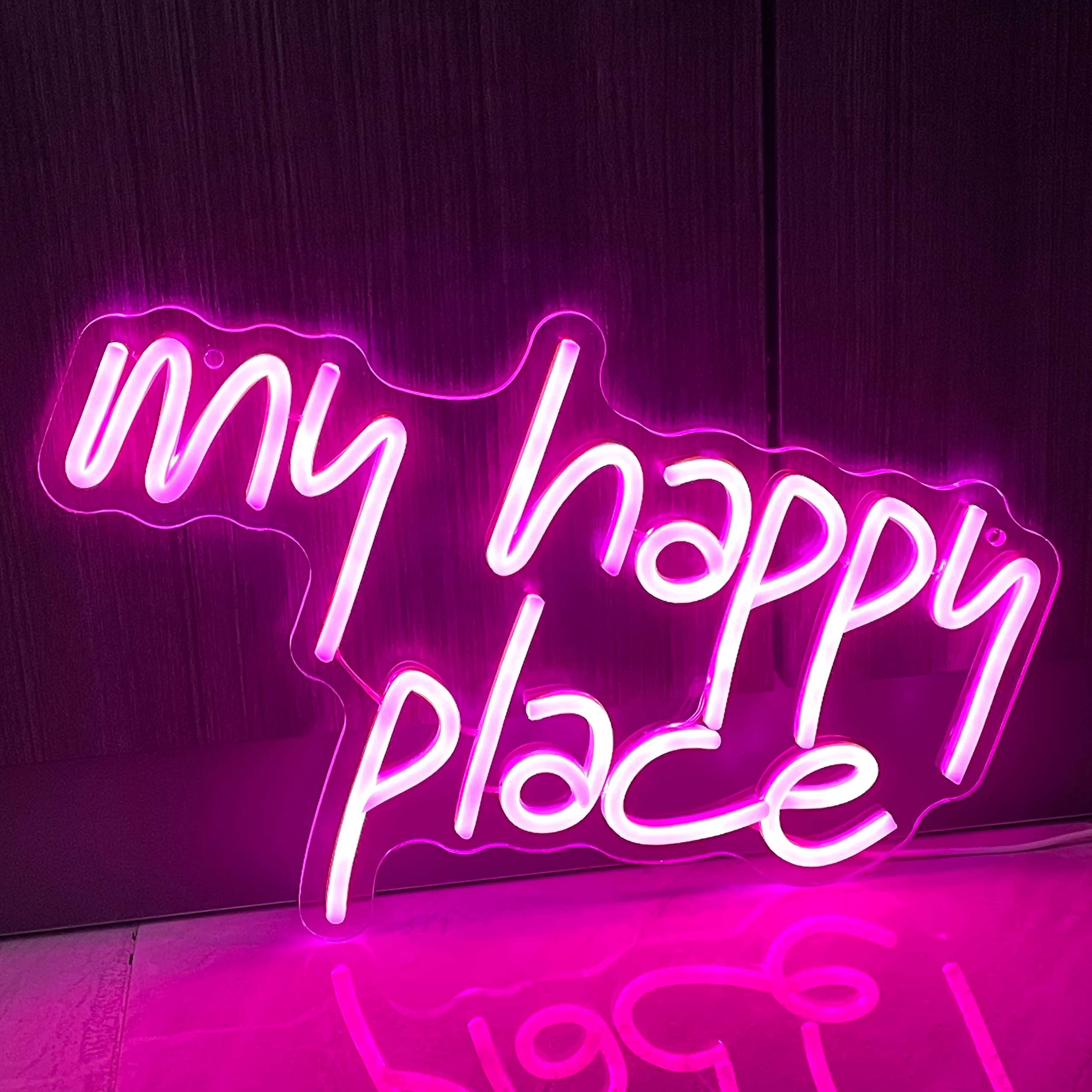 Ggk Neon Sign - My Happy Place Led Wall Decor Light, Pink Aesthetic Acrylic Lettering