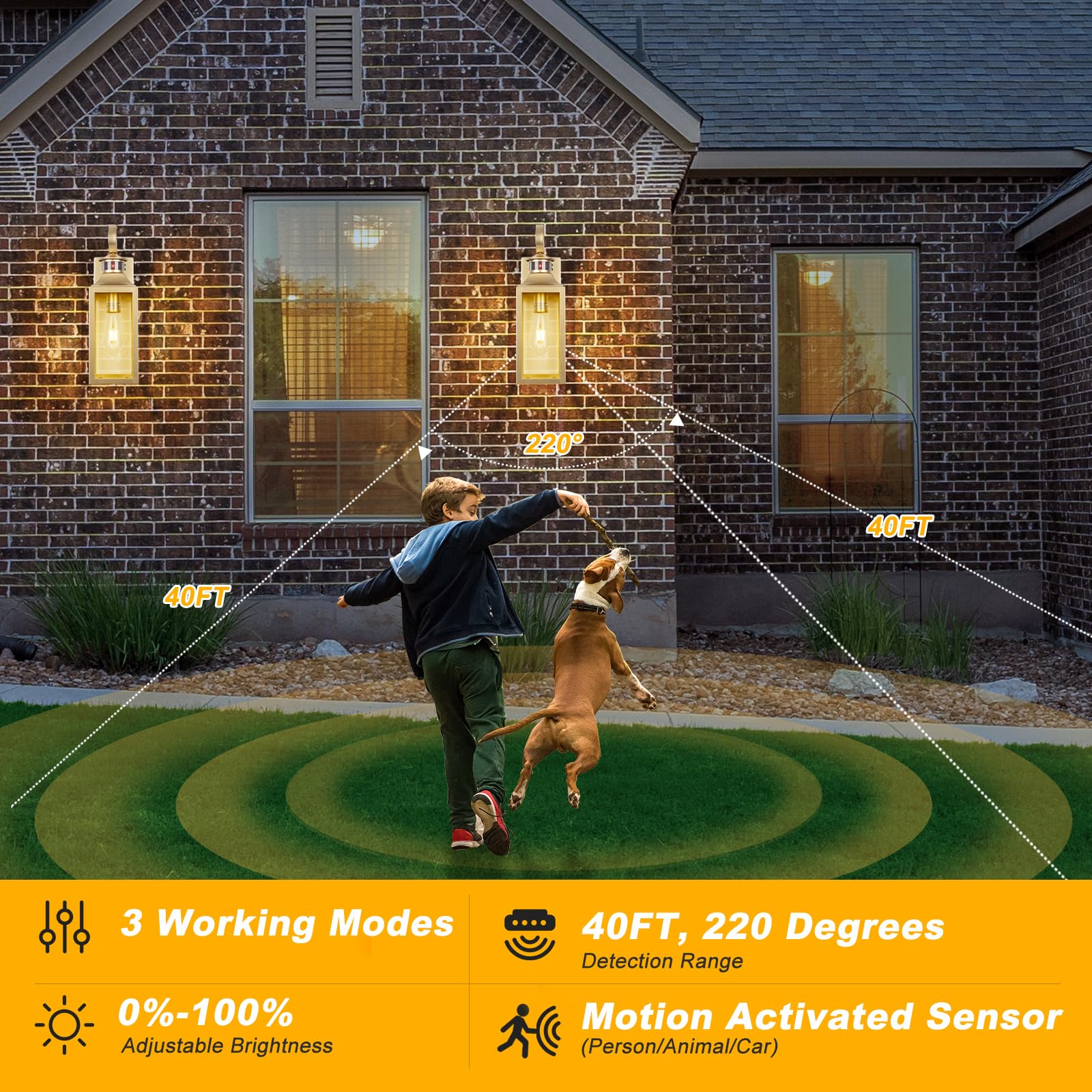 Yolsunes Motion Sensor Outdoor Wall Lights 2 Pack - Gold Dusk To Dawn Light Fixtures Wall Mount, Modern Exterior Wall Sconces, L