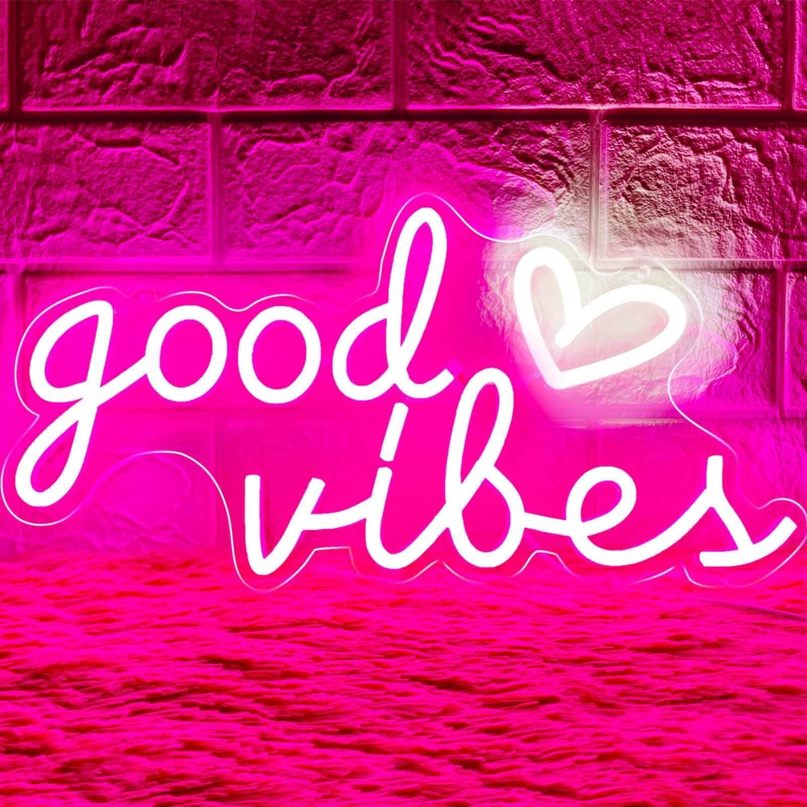 HOHOSIGN Good Vibes Neon Sign, 16inx8in Acrylic Wall Decor, USB Operated, Pink Heart LED Light