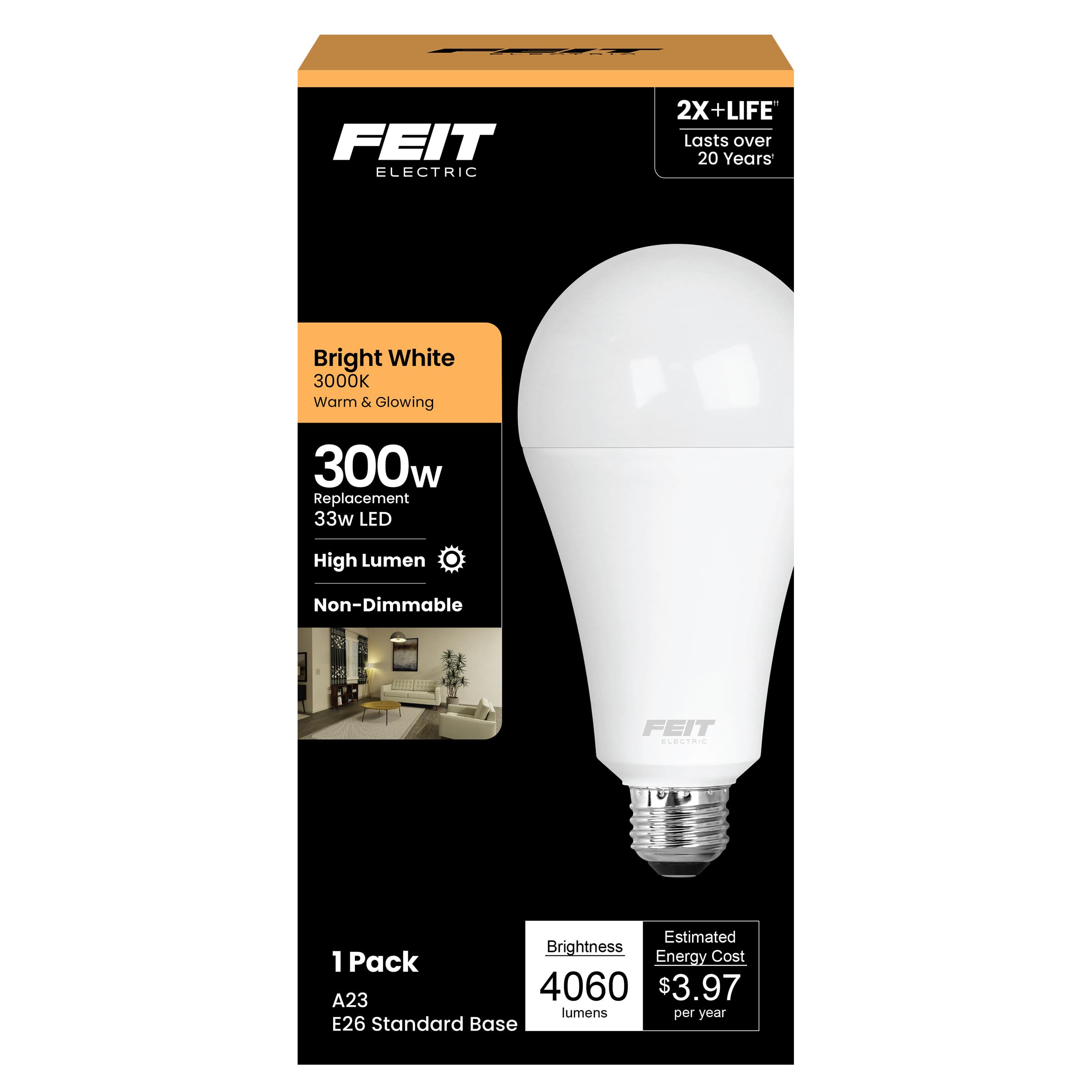 Feit Electric A23 LED Light Bulb, 300W Equivalent, 4060 Lumens, Non-Dimmable, E26 Base, 3000k Soft White, OM300/830