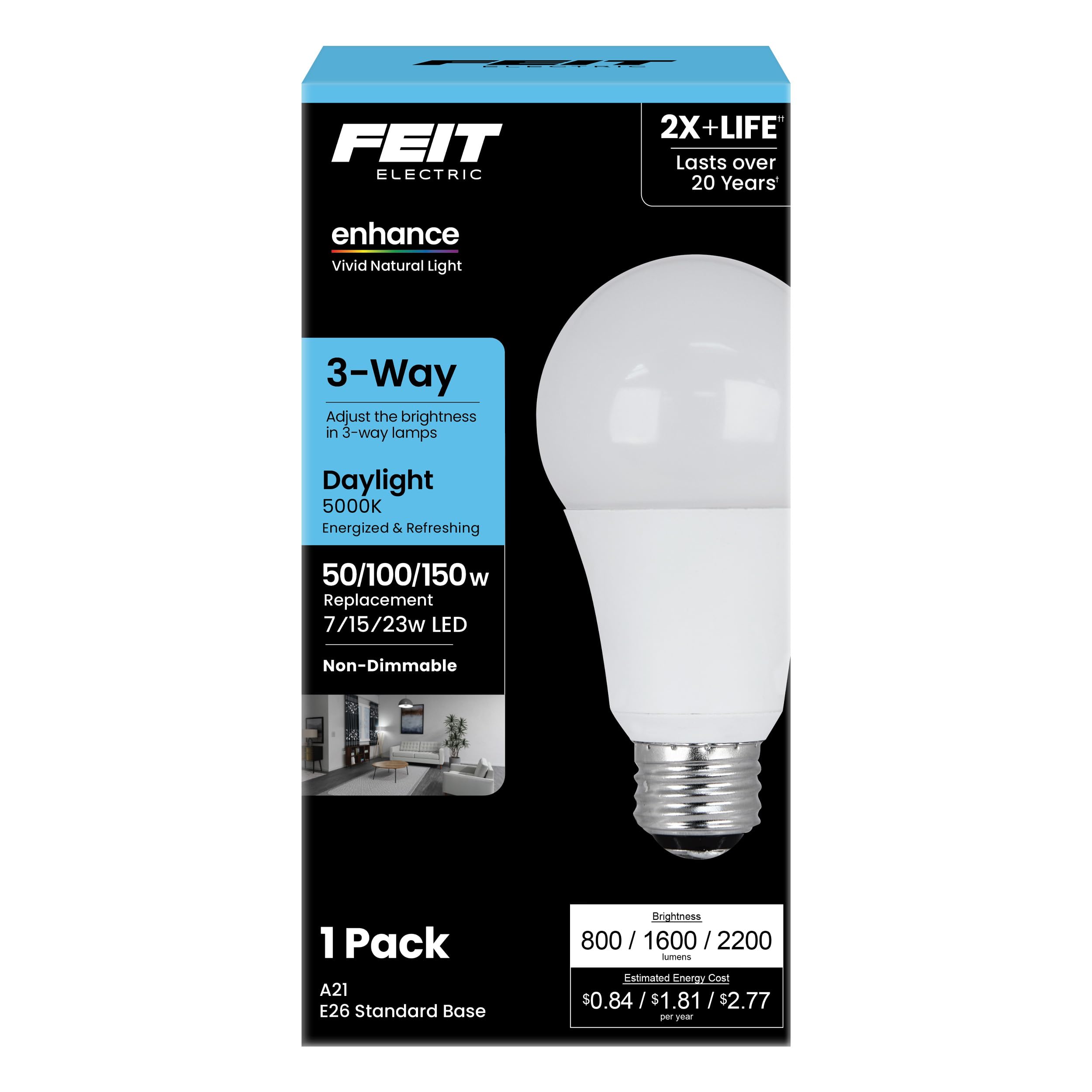 Feit Electric A21 LED Light Bulb, 3-Way 50/100/150W Equivalent, E26 Base, 2200 Lumen, 5000K Daylight, A