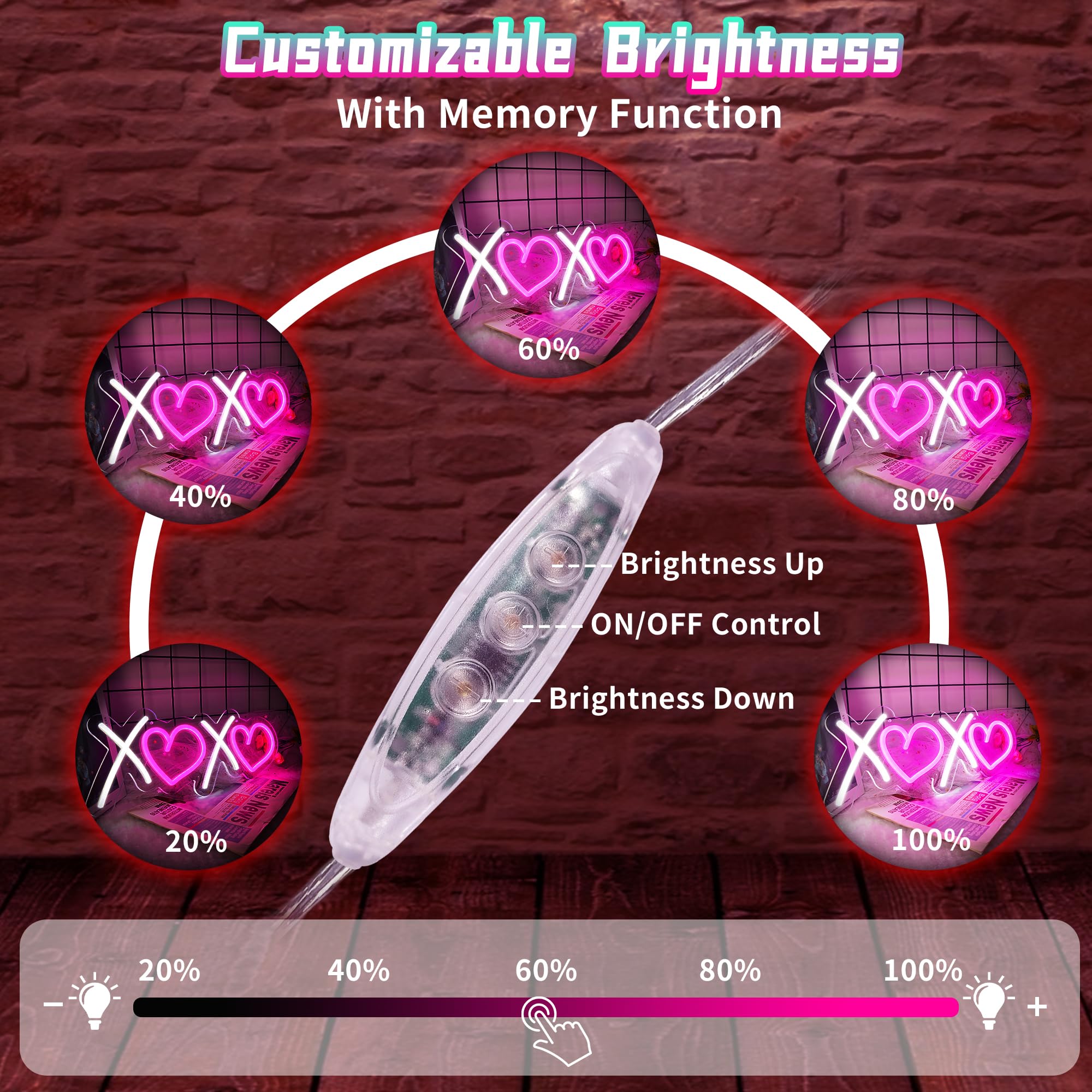 Aslanka XOXO Neon Sign, LED Light for Home Decor, Dimmable USB Powered, 15.75in x 5.91in, White Pink XOXO Model