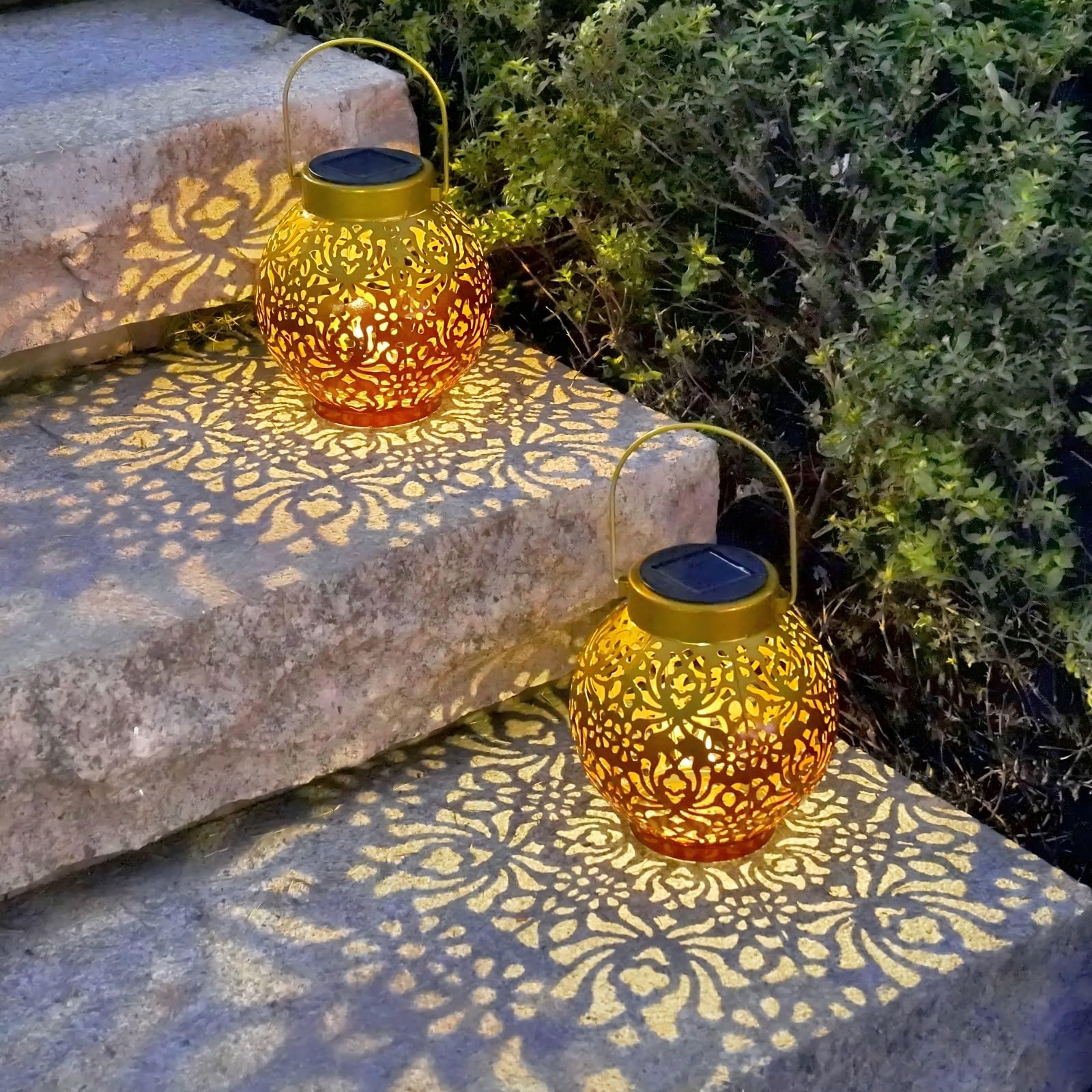 EXCMARK Solar Hanging Lantern Lights, Metal LED, Floral Design, Sunset Blaze, 2 Pack for Garden, Patio, Lawn, Table