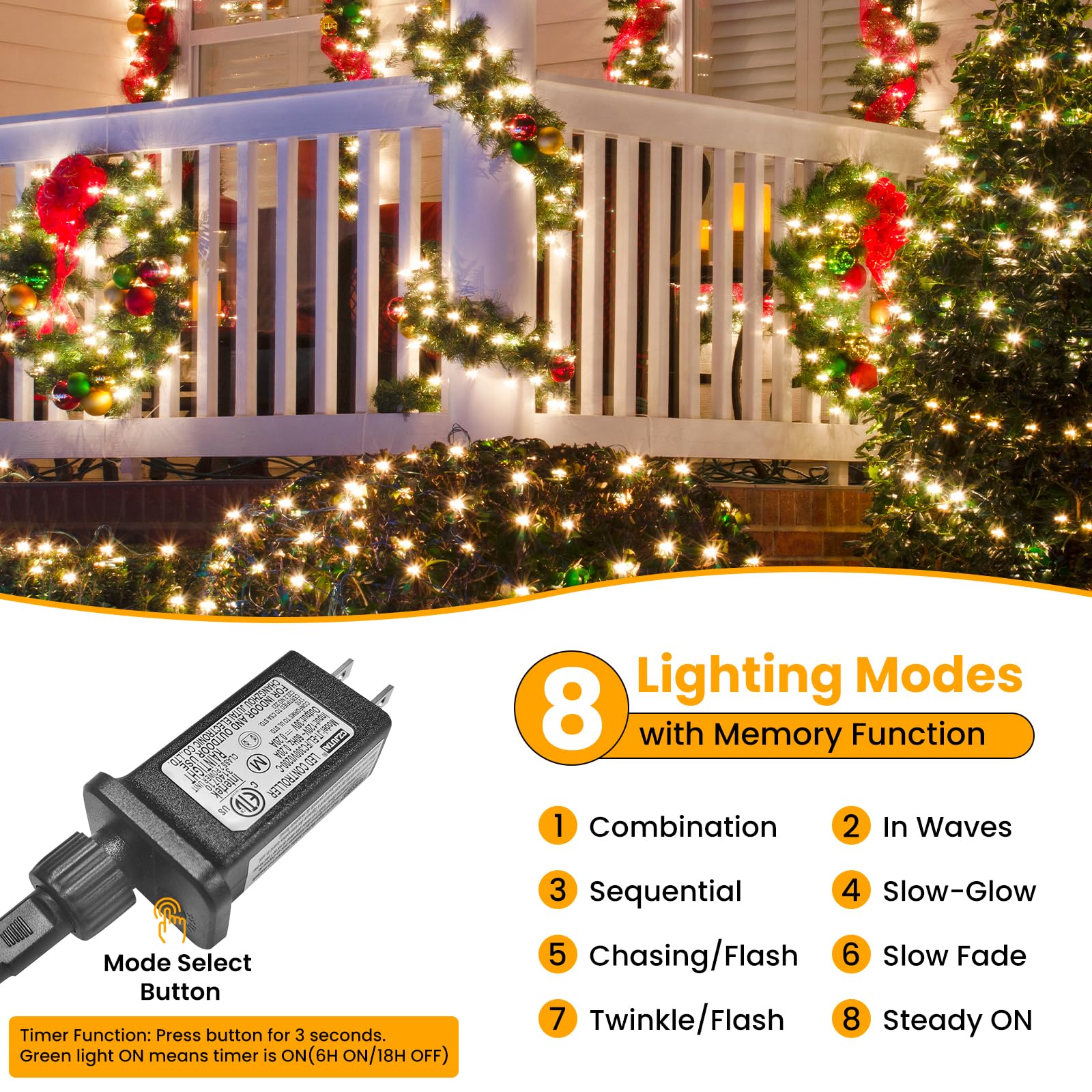JTSIOV Christmas Tree Lights, 200 LED, 65FT, Warm White, Waterproof, 8 Modes, Indoor/Outdoor, Model SDD-001