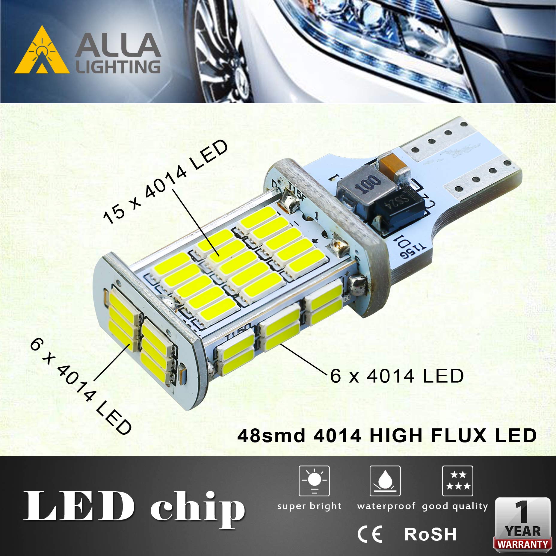 Alla Lighting Strobe LED Reverse Bulbs 2600lm T15 912 921 6000K White Model Alla-STR-921-4014-48W for Cars Trucks RVs SUVs