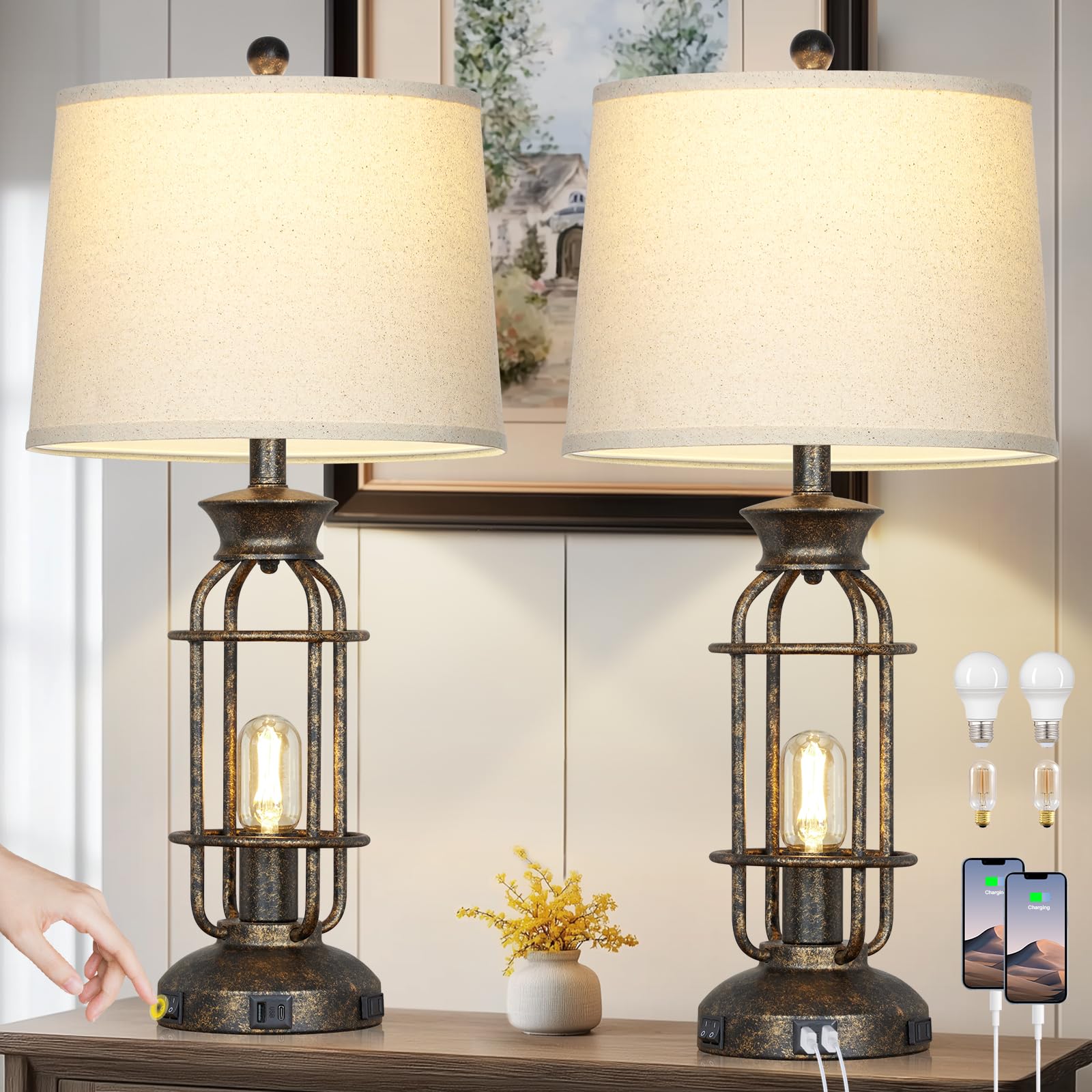 28 Vintage Table Lamps for Living Room, Industrial Farmhouse Table Lamp with USB C+A Ports & Outlet, Rustic Nightstand Bedside L