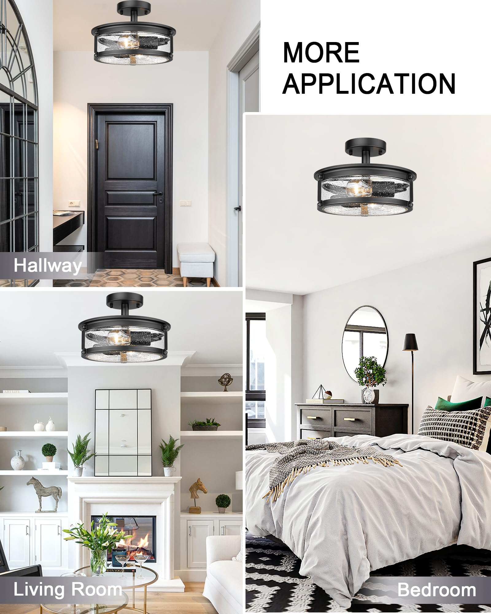 Foitton 2-Light Industrial Black Metal Semi Flush Mount Ceiling Light With Seeded Glass