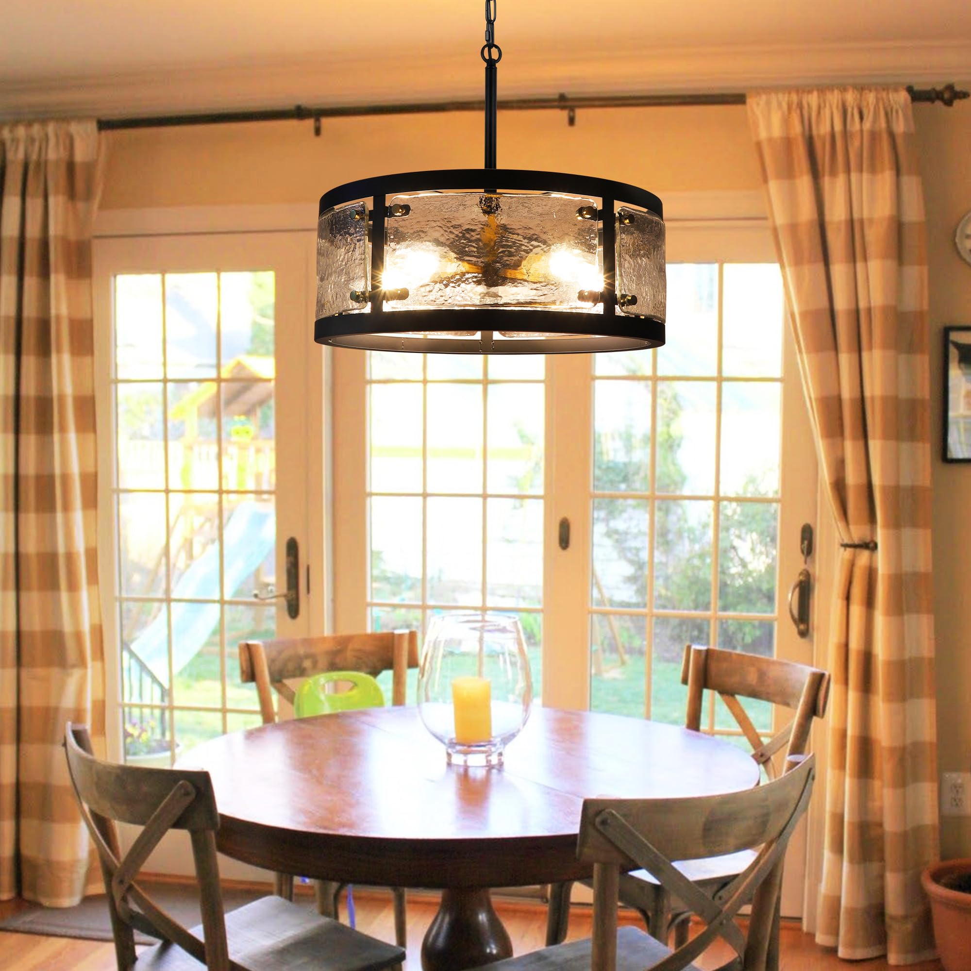 CNRATYE 20" Black Farmhouse Round Chandelier, 5-Light Industrial Glass Light Fixture for Dining Room, Kitchen, Living Room