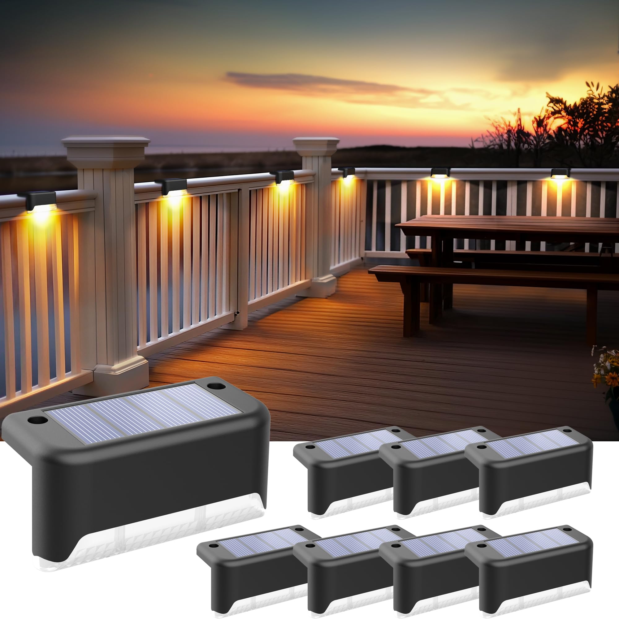 SOLPEX Solar Fence Lights, Waterproof LED Deck Lights, 8 Pack, Warm White, Black, Model 9780, for Stair, Balcony, Yard, Garden, Patio Decor