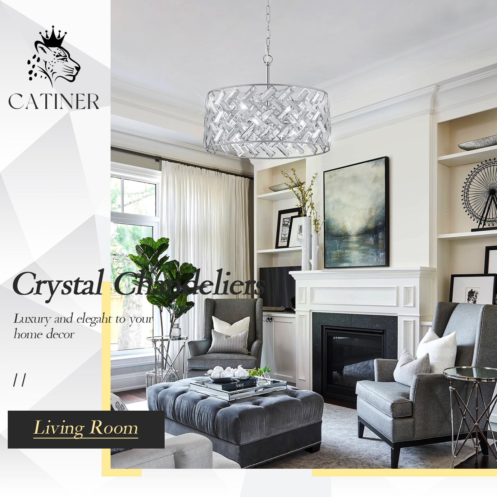 CATINER Chrome Crystal Chandelier, 6-Light Modern Semi Flush Mount, D18” K9 Crystal for Dining Room, Entryway, Kitchen, Hallway