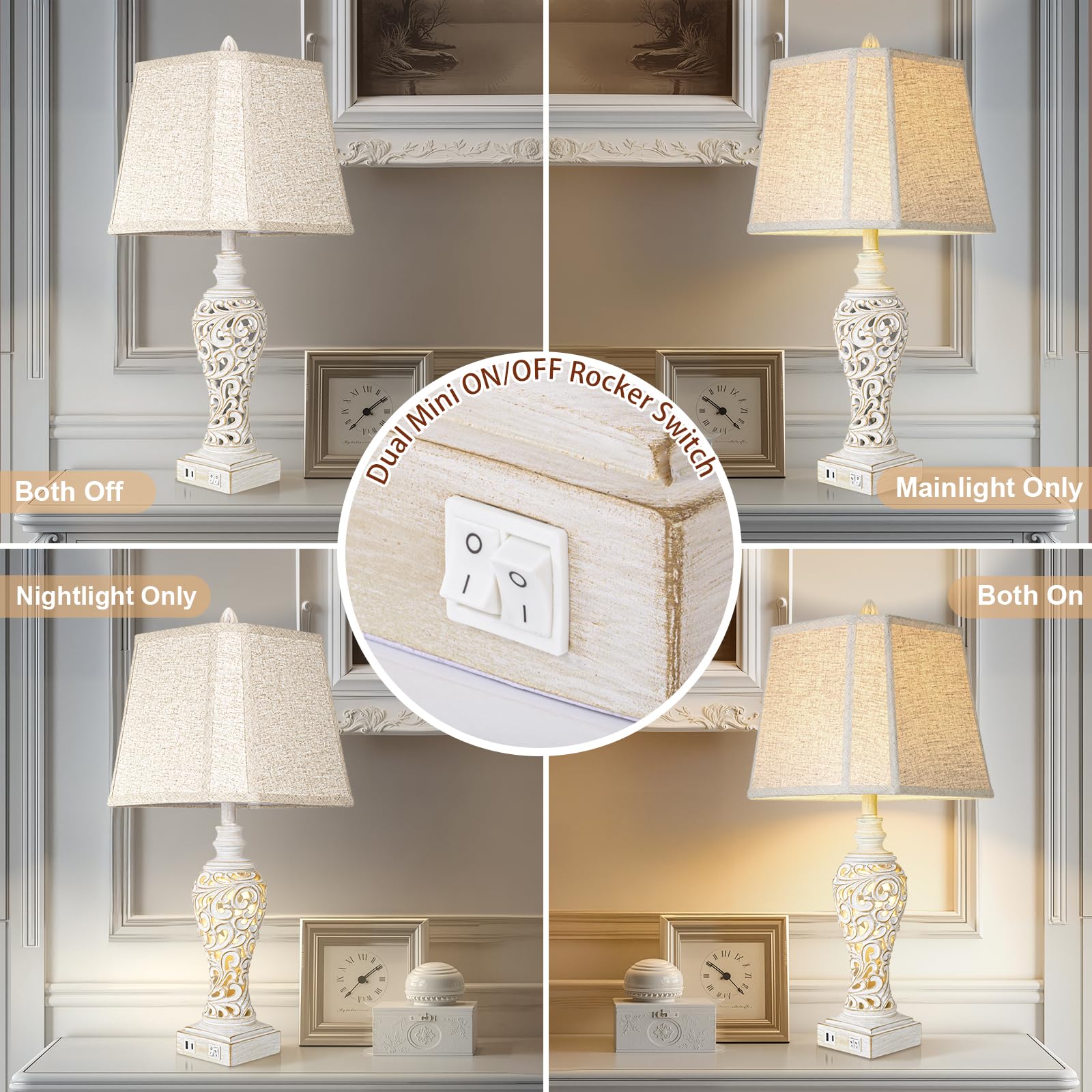 Vintage Table Lamps Set Of 2, 28.5'' High Bedside Lamps With Fabric Shade, Farmhouse Nightstand Lamps With Usb A+C Ports And Nig