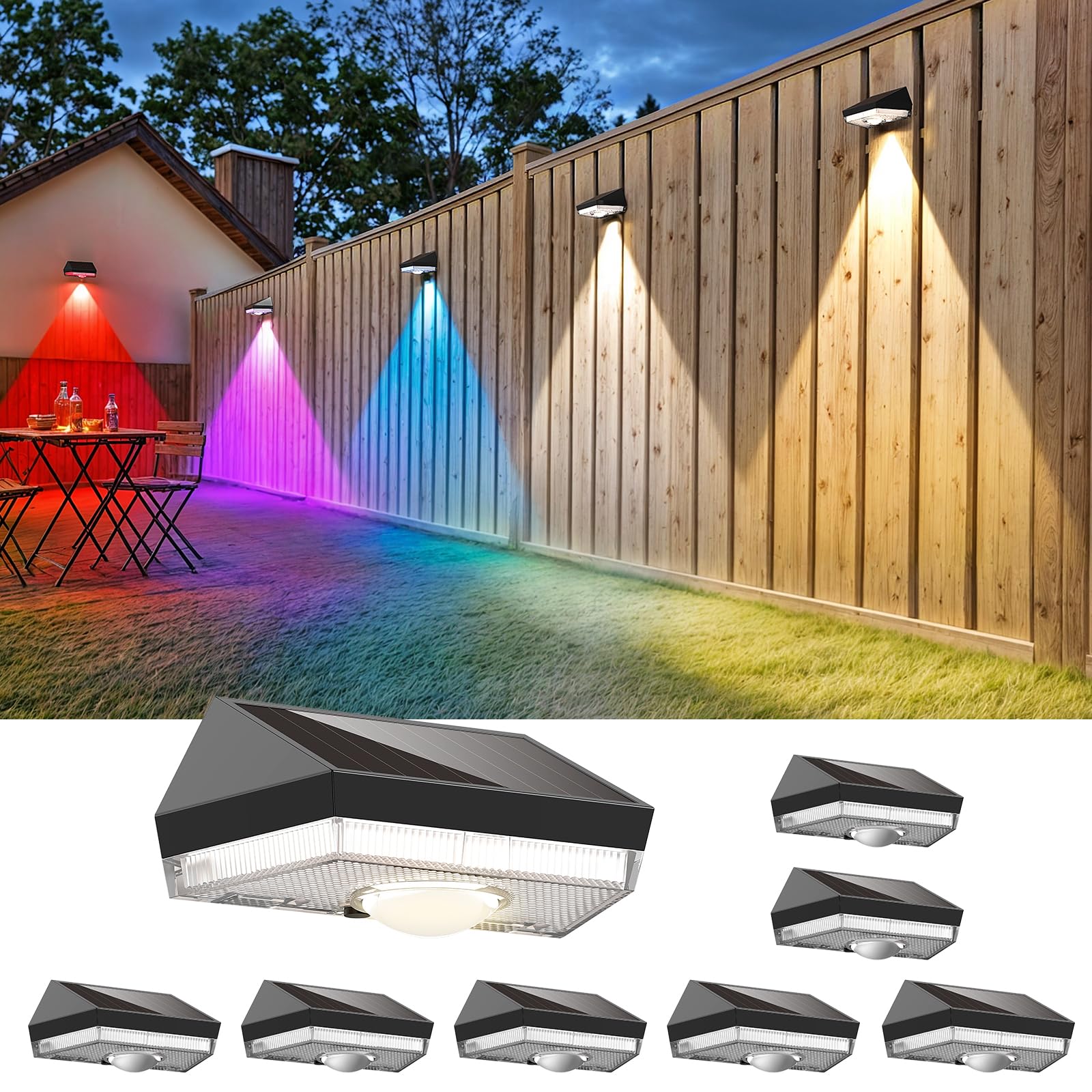 UGDLUCK Solar Fence Lights, IP65 Waterproof, 8 Pack, Warm White & RGB, Black, Model CD007