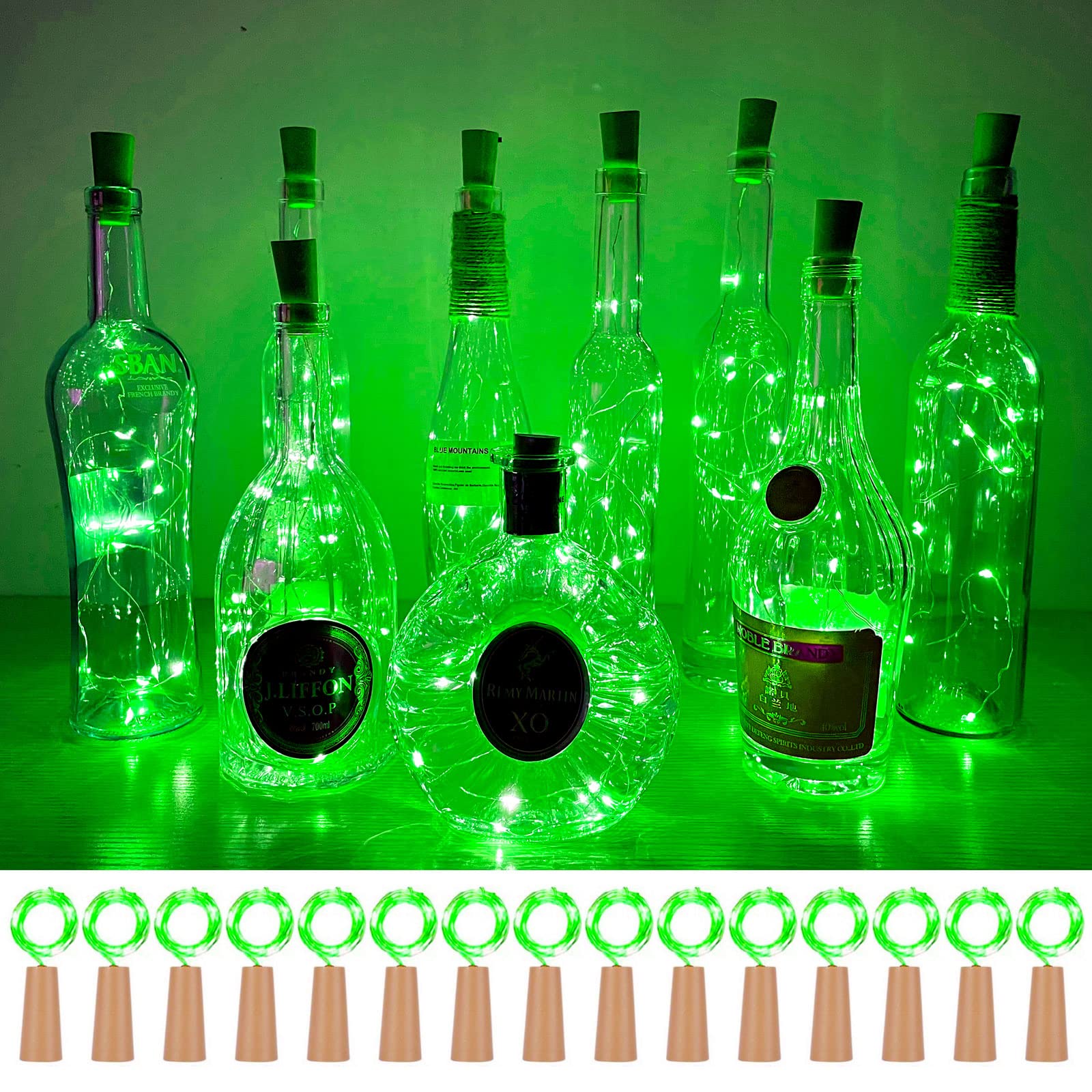 SmilingTown Wine Bottle Cork Lights, 15 Pack, 10 LED, 40 Inches, Battery Operated, Green, Copper Wire Fairy Lights for Decoration