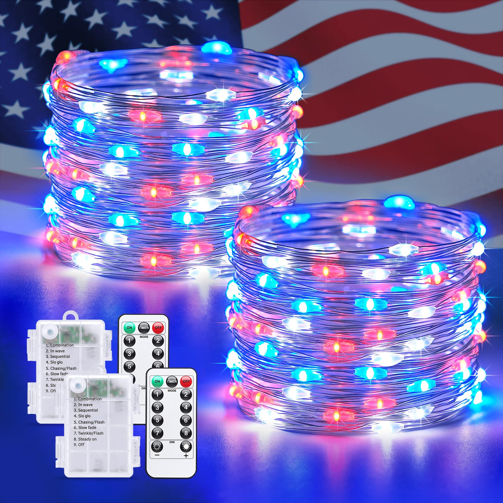 JMEXSUSS Battery Operated Fairy Lights, 200 LED, 66ft, 8 Modes, Copper, Red White Blue, 2 Pack