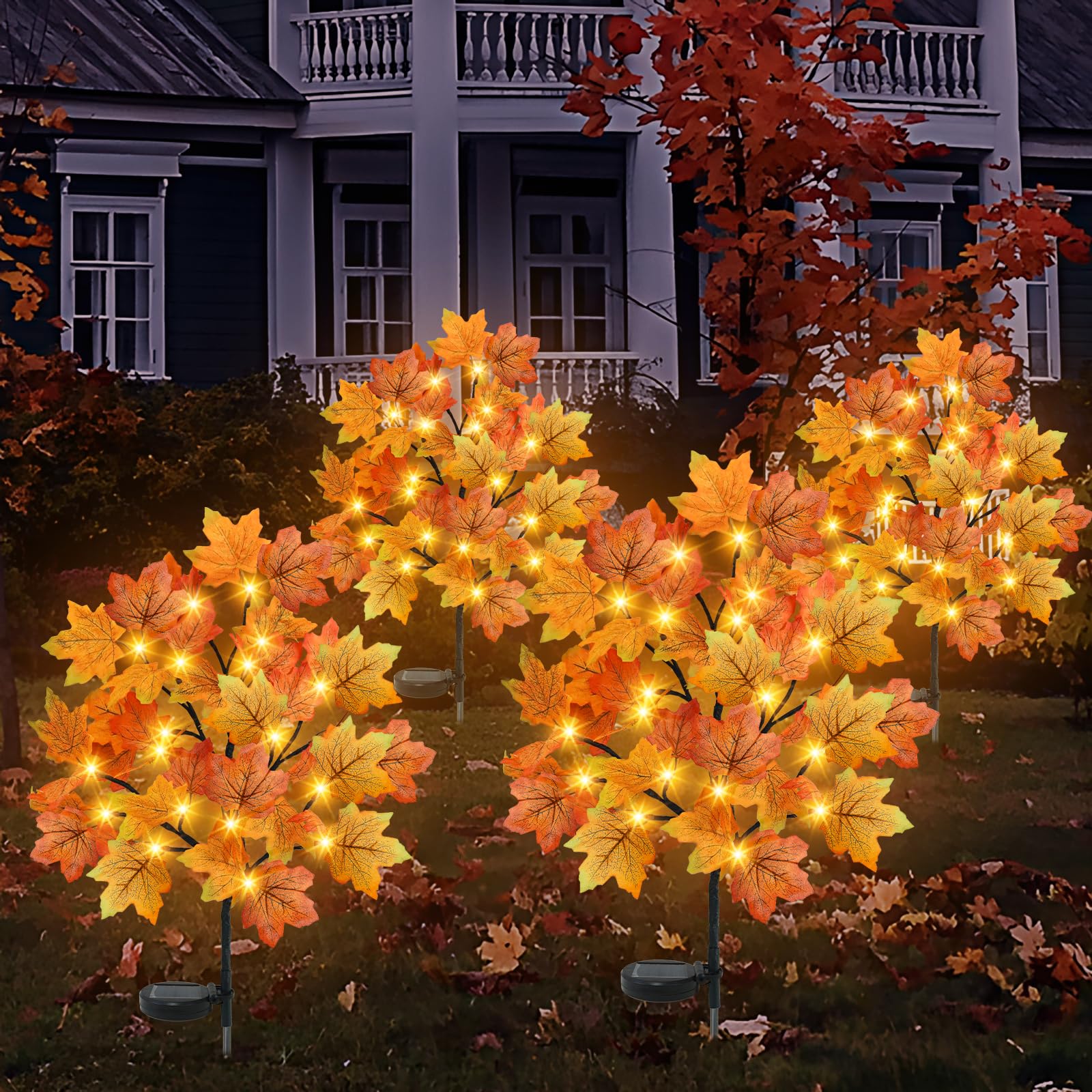 Torontokyo 4 Pack Fall Solar Outdoor Lights, Fall Decor 80 Led Maple Leaves Solar Stake Light With 8 Modes, Waterproof Fall Garden Lights Thanksgiving Decorations For Autumn Yard Pathway Outside