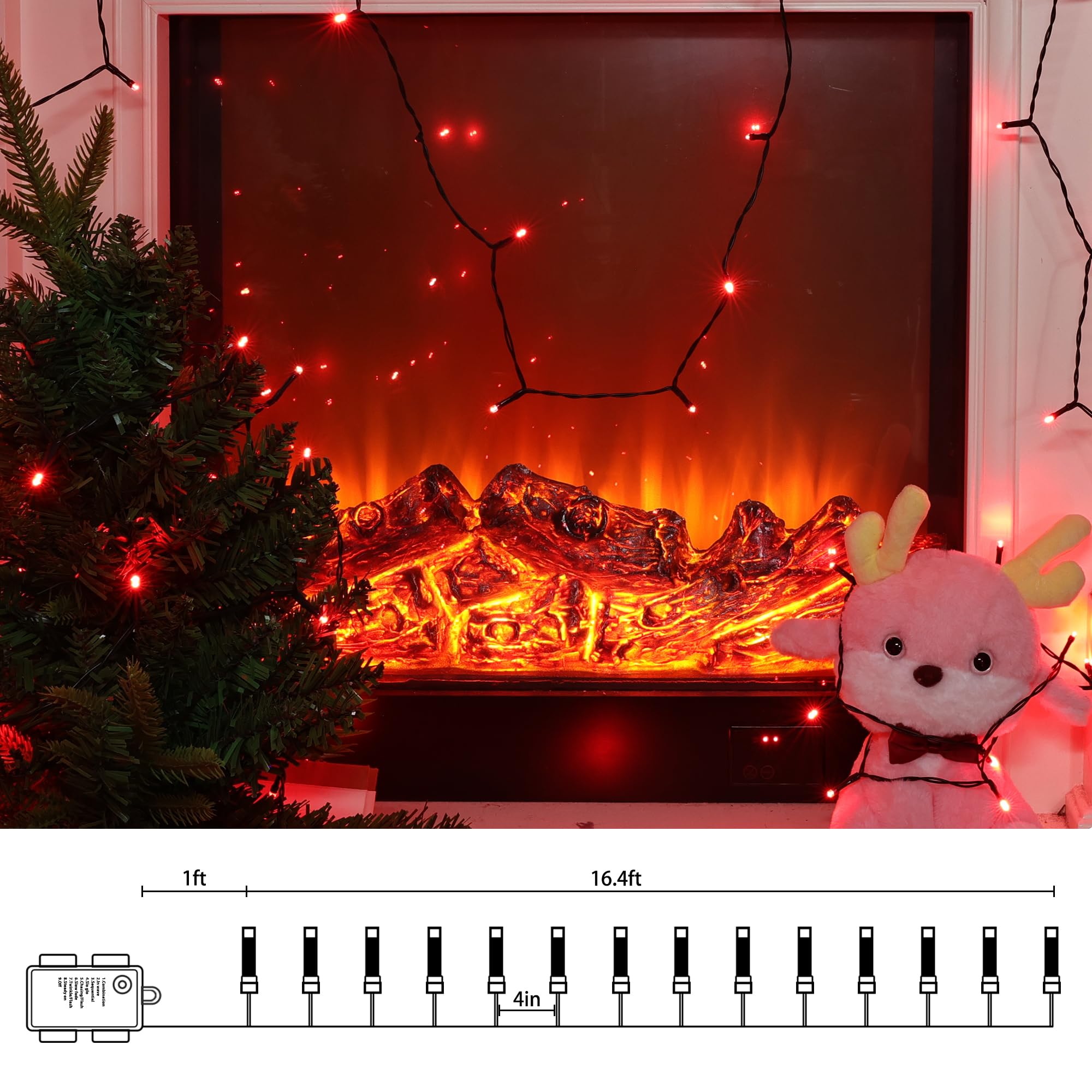 Lomotech Battery Operated Christmas Lights - 4 Pack Total 66Ft 200Leds String Lights 8 Modes Waterproof With Timer For Home  Garden  Party  Holiday  Tree Decoration (Green Wire  Red)